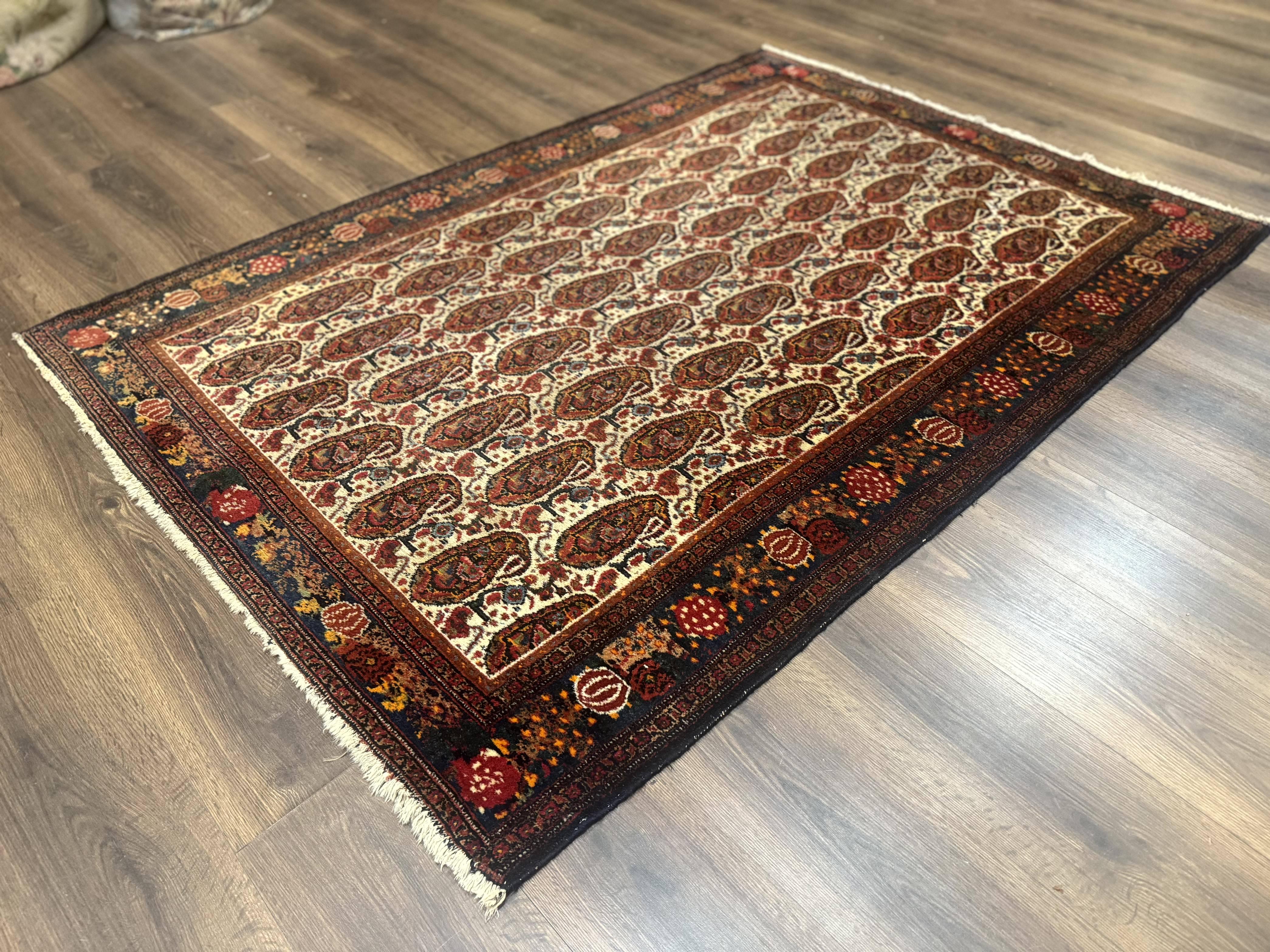 Antique Persian Kurdish Senneh Rug 4.6 x 6.5, Repeated Paisely Boteh Design, Handmade - Image 2