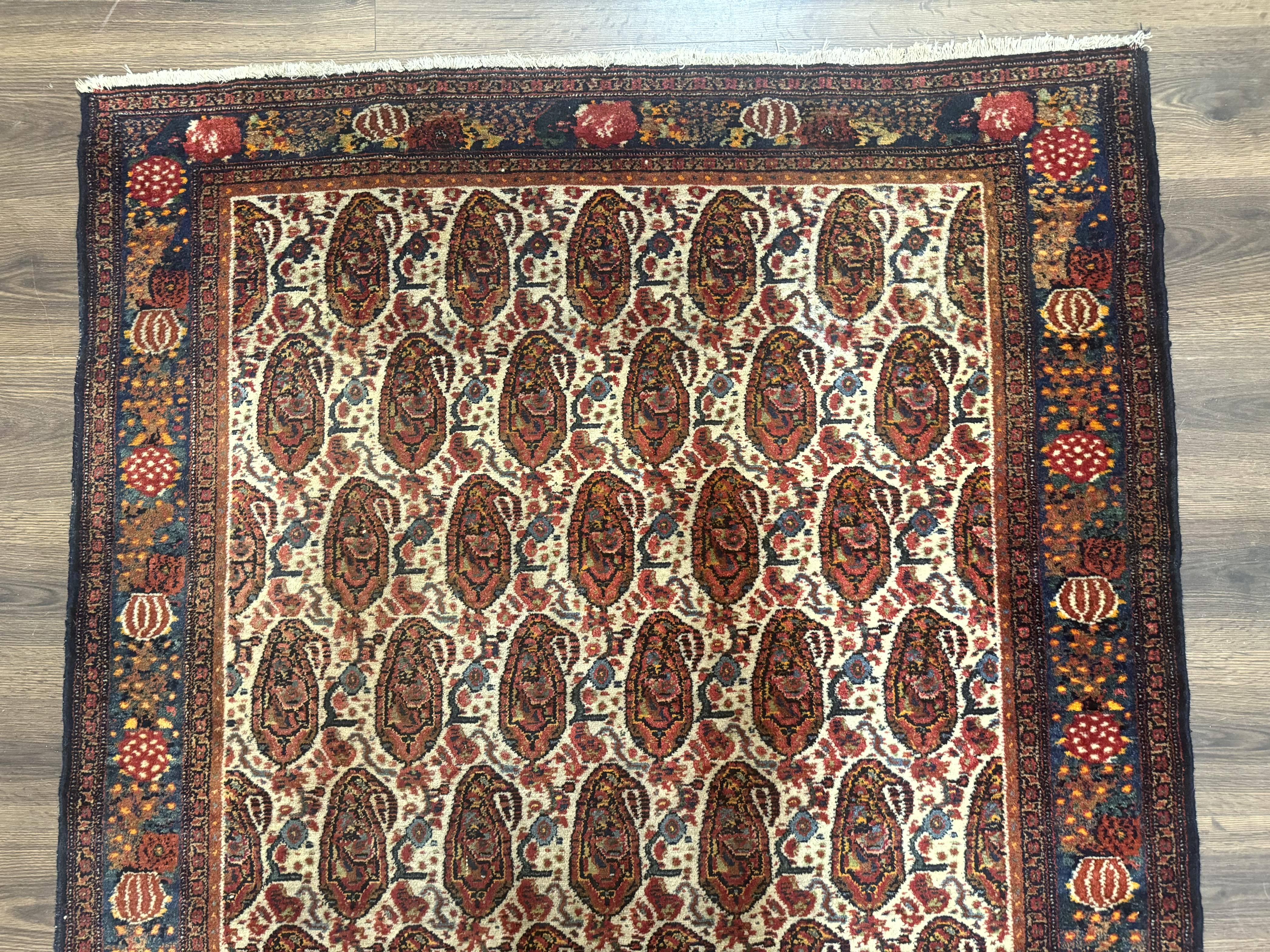 Antique Persian Kurdish Senneh Rug 4.6 x 6.5, Repeated Paisely Boteh Design, Handmade - Image 3