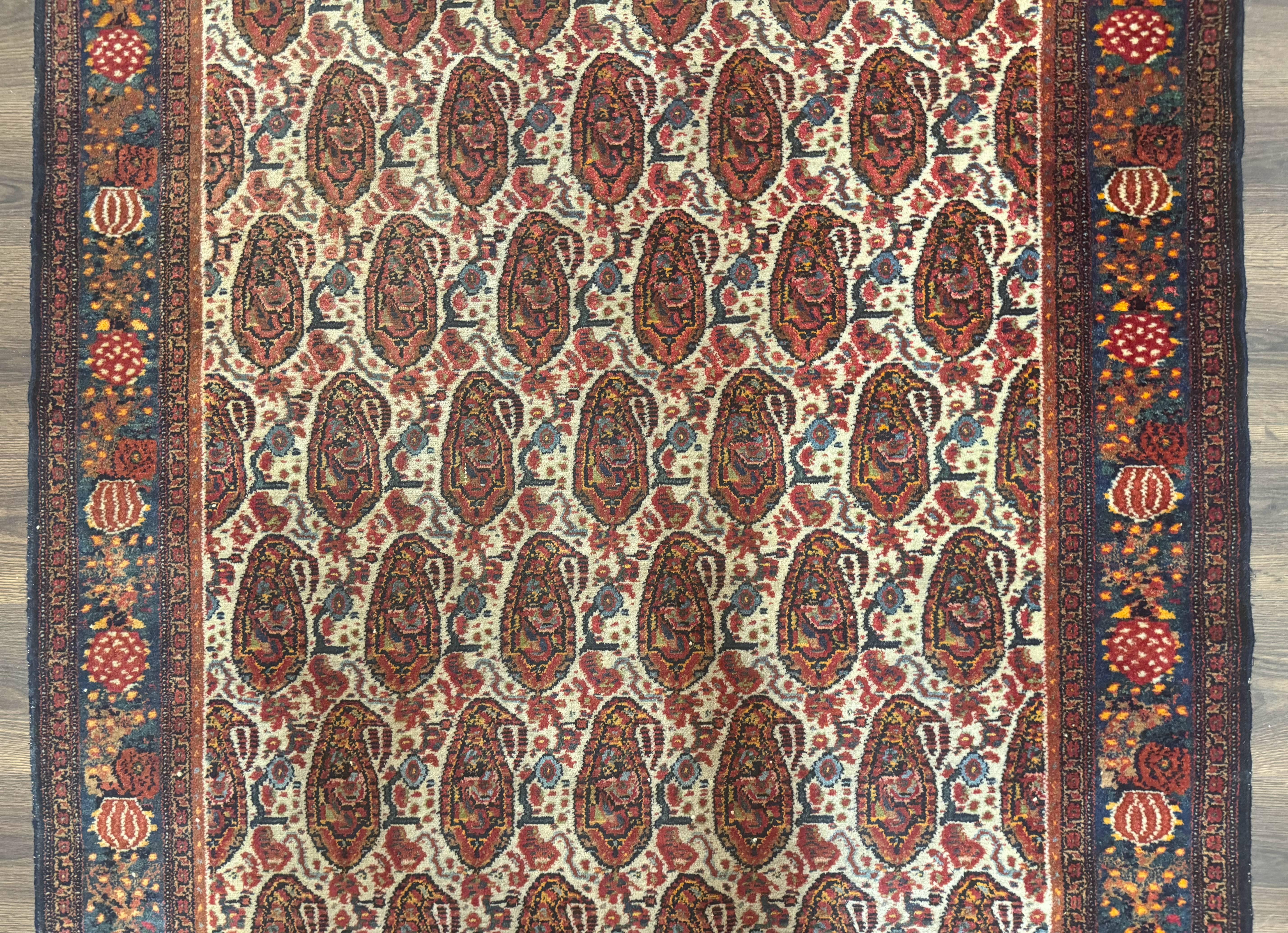 Antique Persian Kurdish Senneh Rug 4.6 x 6.5, Repeated Paisely Boteh Design, Handmade - Image 4