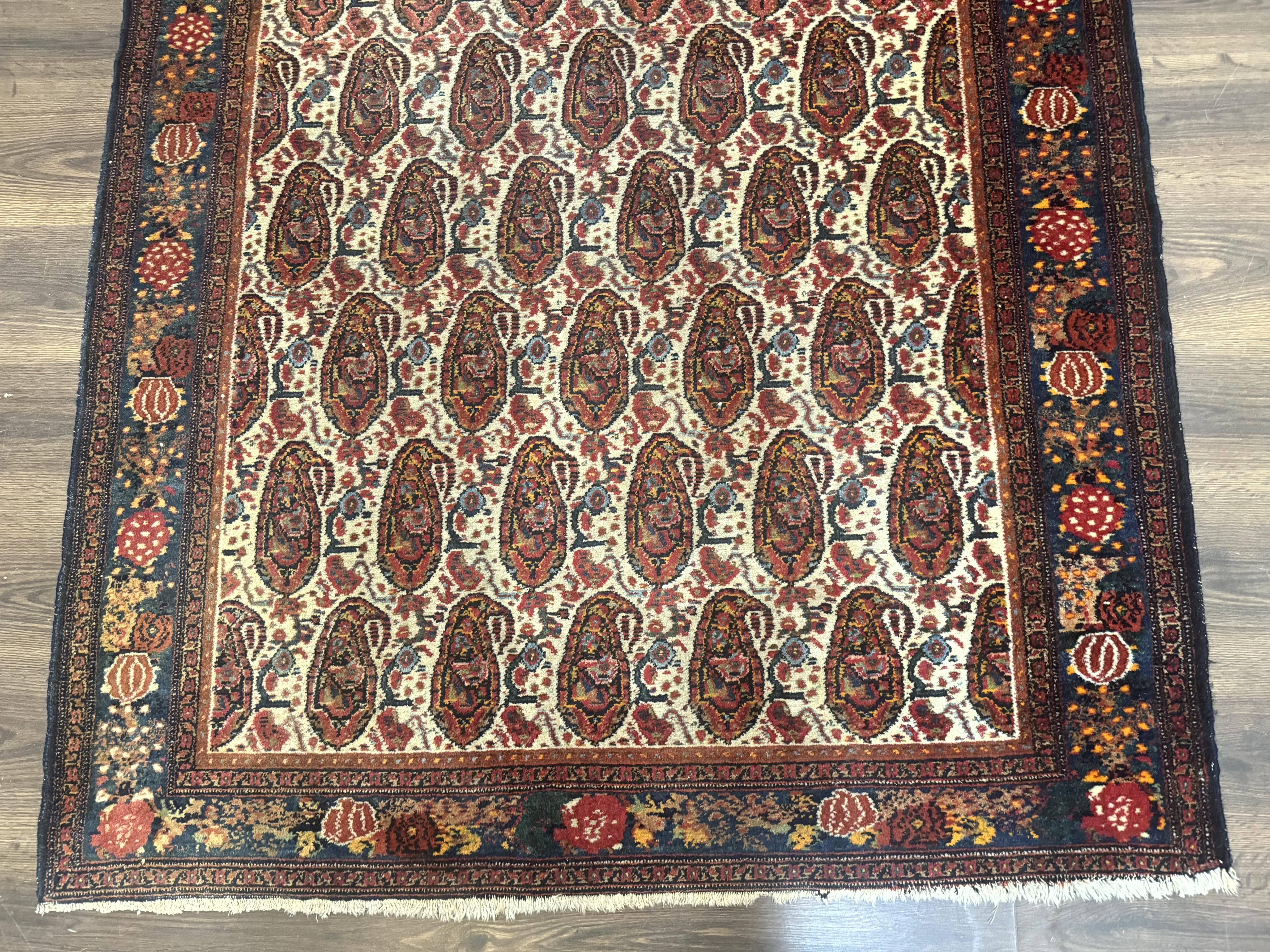 Antique Persian Kurdish Senneh Rug 4.6 x 6.5, Repeated Paisely Boteh Design, Handmade - Image 5