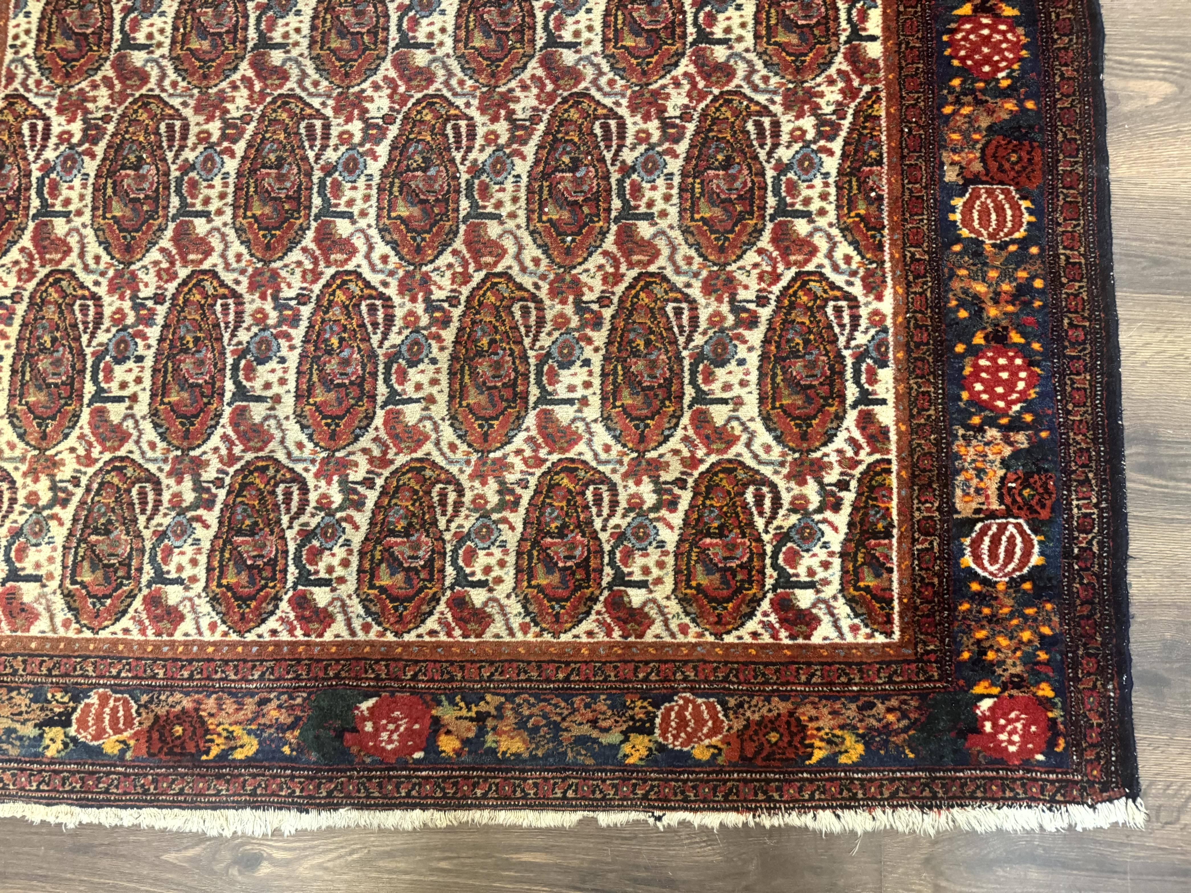 Antique Persian Kurdish Senneh Rug 4.6 x 6.5, Repeated Paisely Boteh Design, Handmade - Image 9