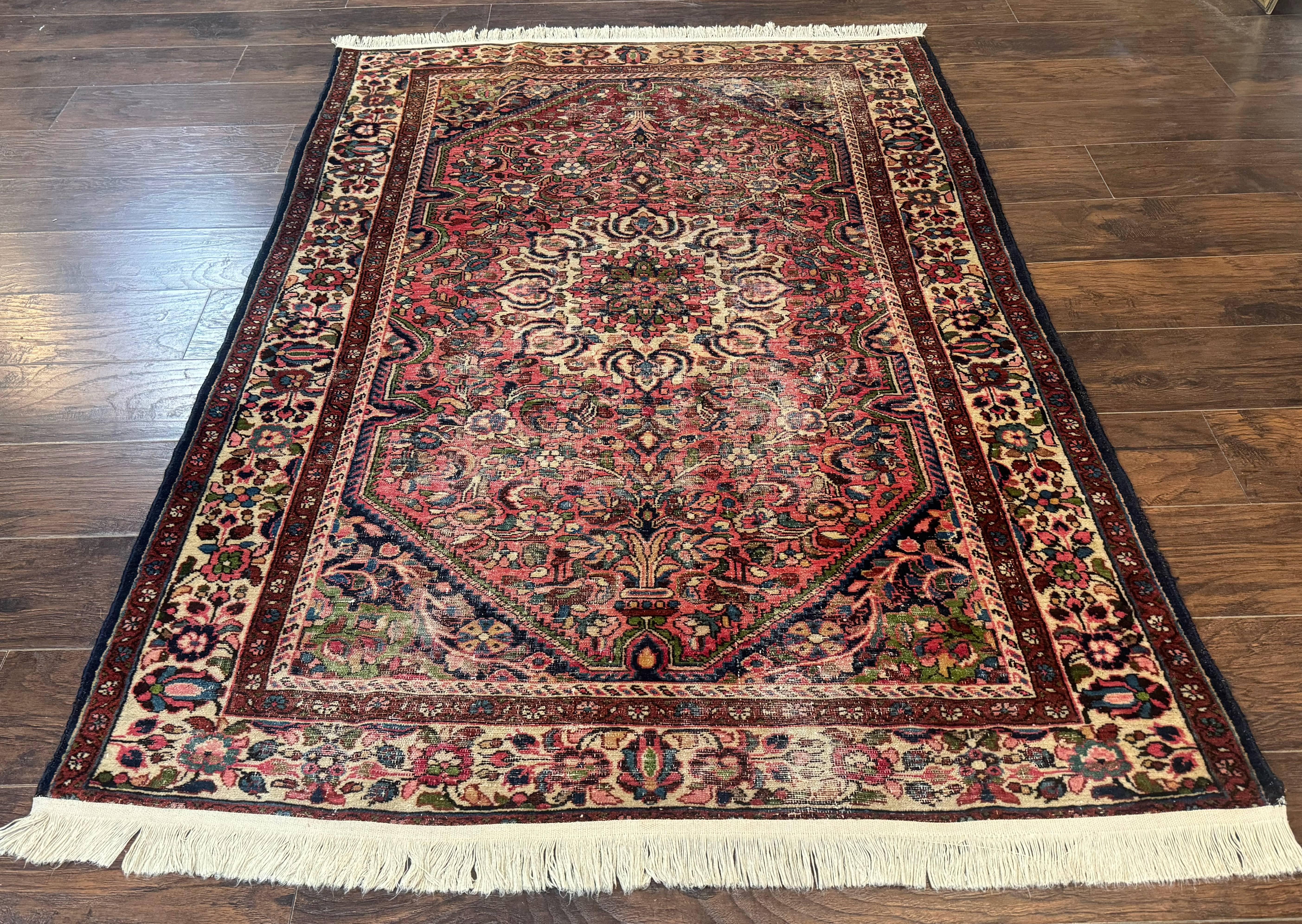 Antique Persian Malayer Rug 4'7" x 6'6" – 1920s Tribal Red Wool Carpet