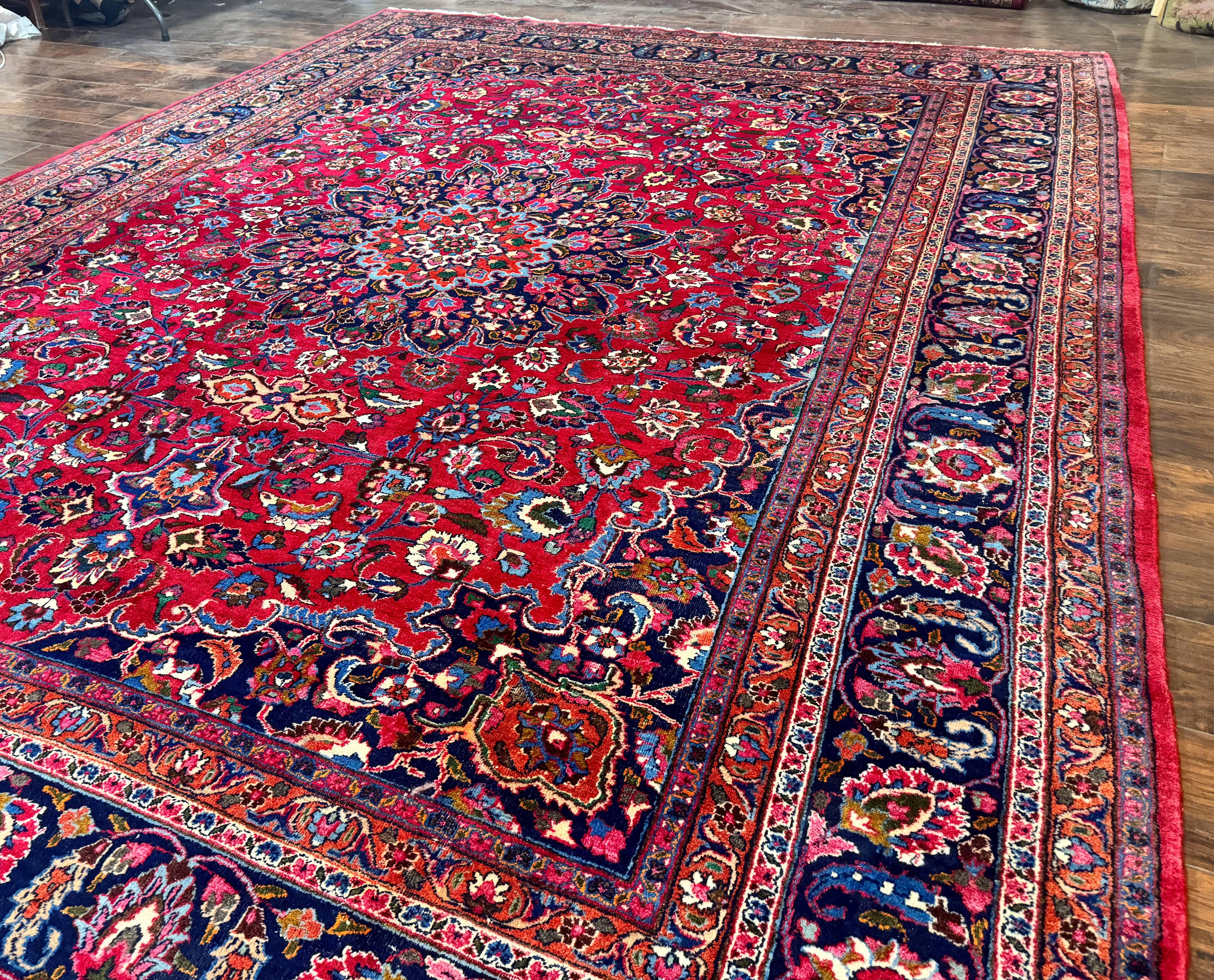 Antique Persian Mashad Rug 10x13, Red and Navy Blue, Great Colors, Signed By Masterweaver, Floral Medallion, Handmade Wool Persian Carpet - Image 2