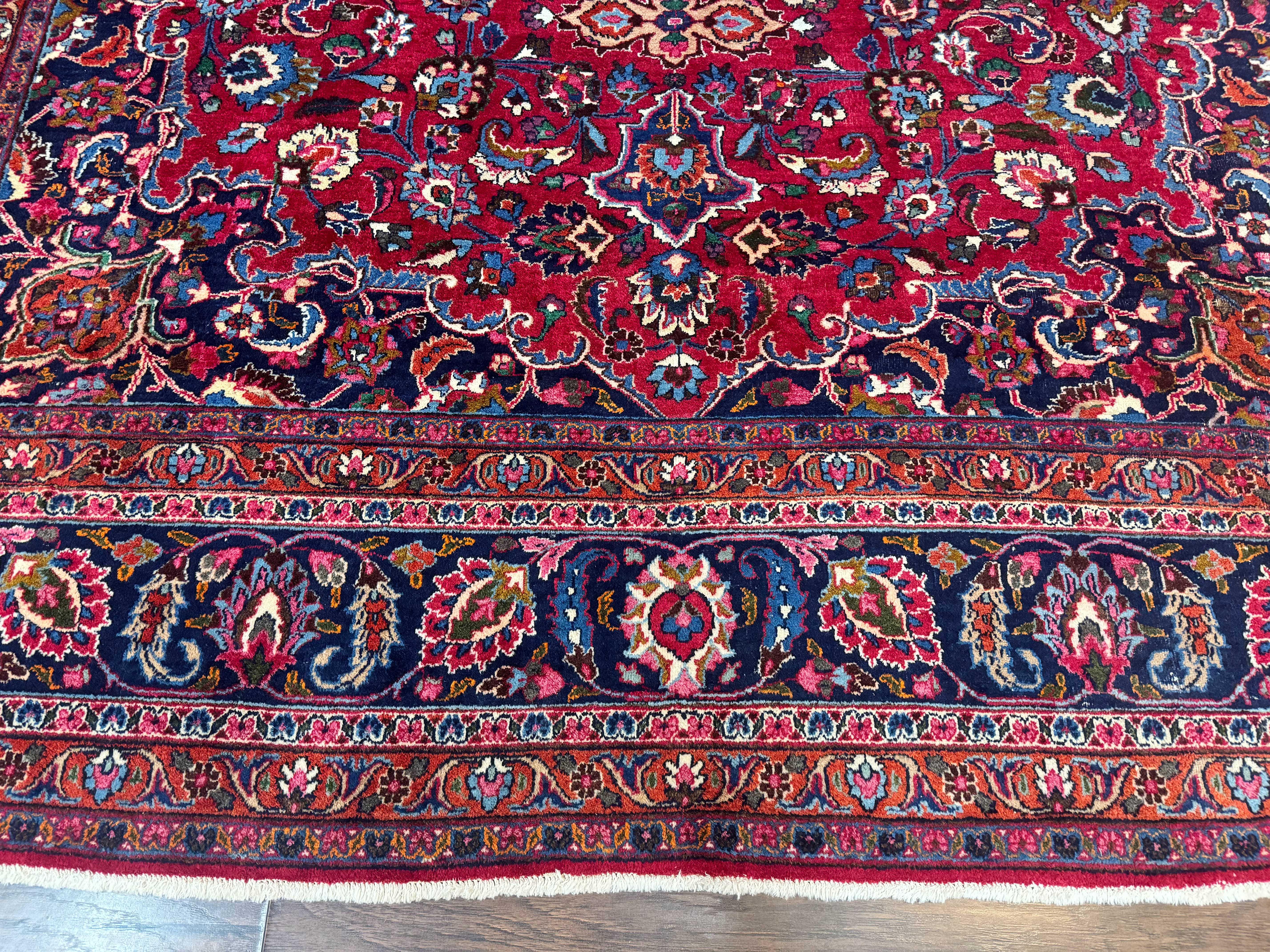 Antique Persian Mashad Rug 10x13, Red and Navy Blue, Great Colors, Signed By Masterweaver, Floral Medallion, Handmade Wool Persian Carpet - Image 5