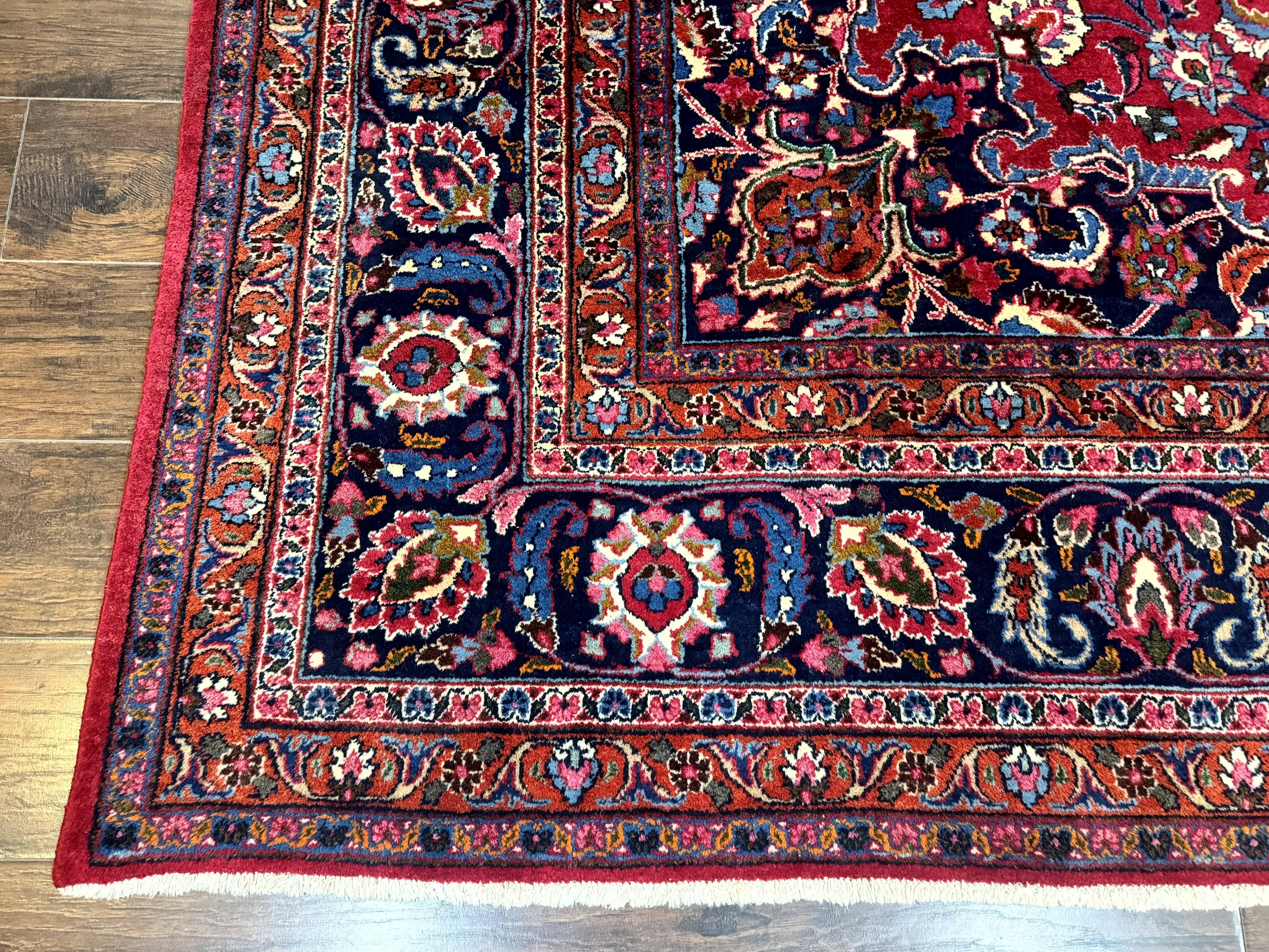 Antique Persian Mashad Rug 10x13, Red and Navy Blue, Great Colors, Signed By Masterweaver, Floral Medallion, Handmade Wool Persian Carpet - Image 8