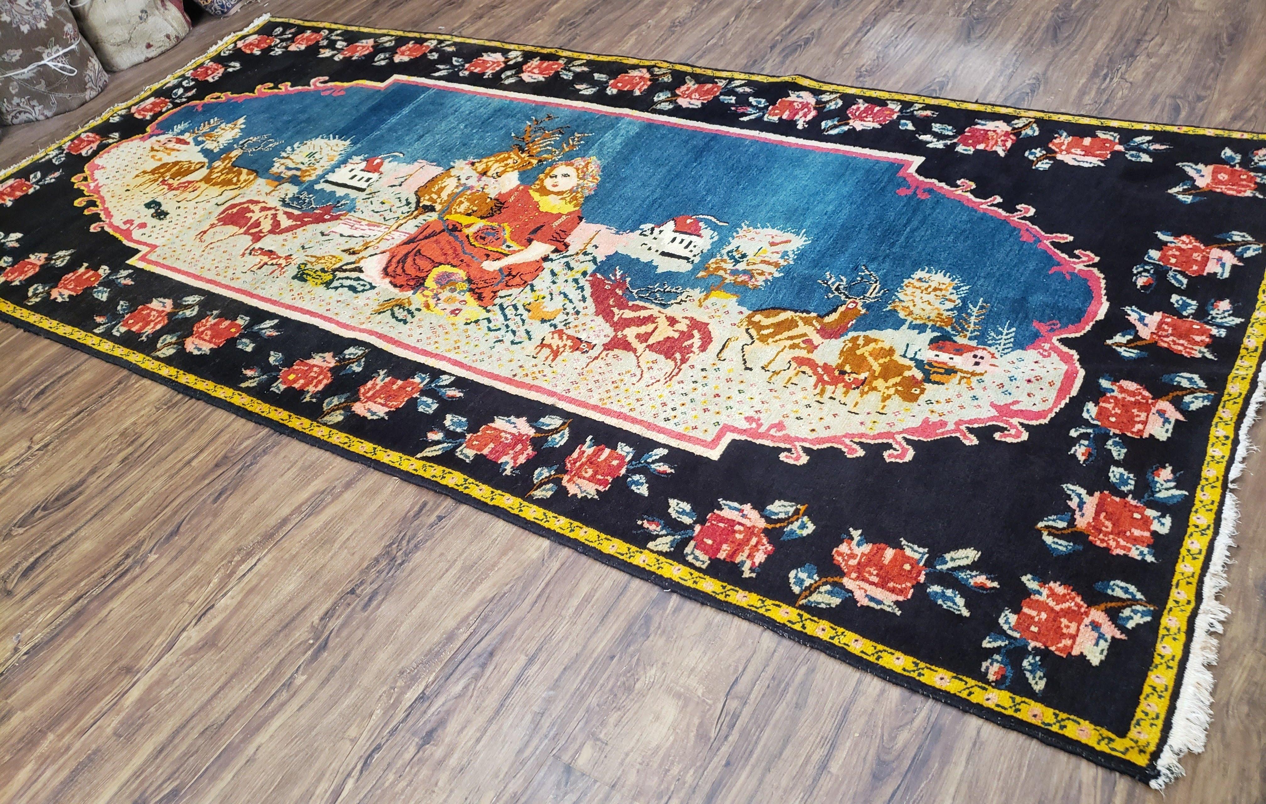 Antique Persian Pictorial Rug 4'6" x 9', Wool Hand-Knotted Blue Roses Karabagh Caucasian Carpet, 1920s Girl Deer Tapestry Wall Hanging Rug - Image 3