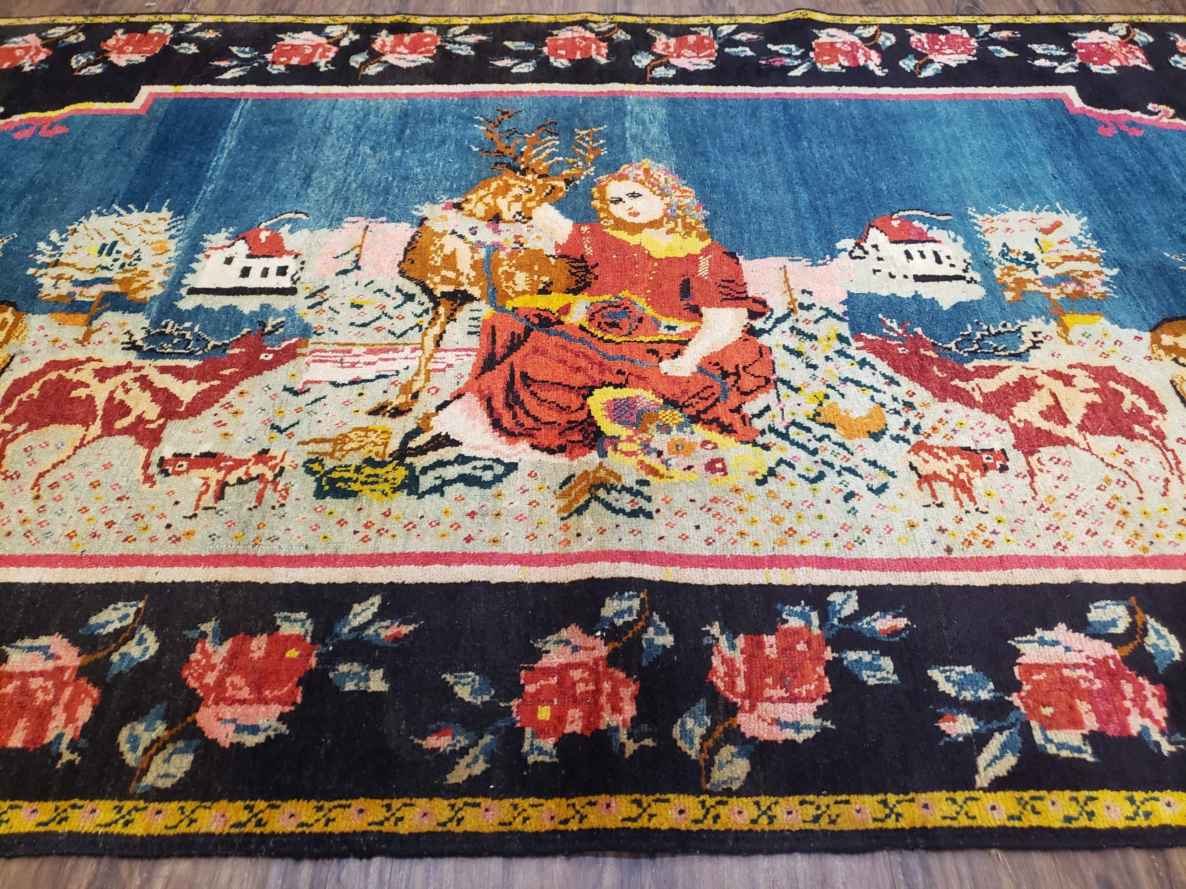Antique Persian Pictorial Rug 4'6" x 9', Wool Hand-Knotted Blue Roses Karabagh Caucasian Carpet, 1920s Girl Deer Tapestry Wall Hanging Rug - Image 4