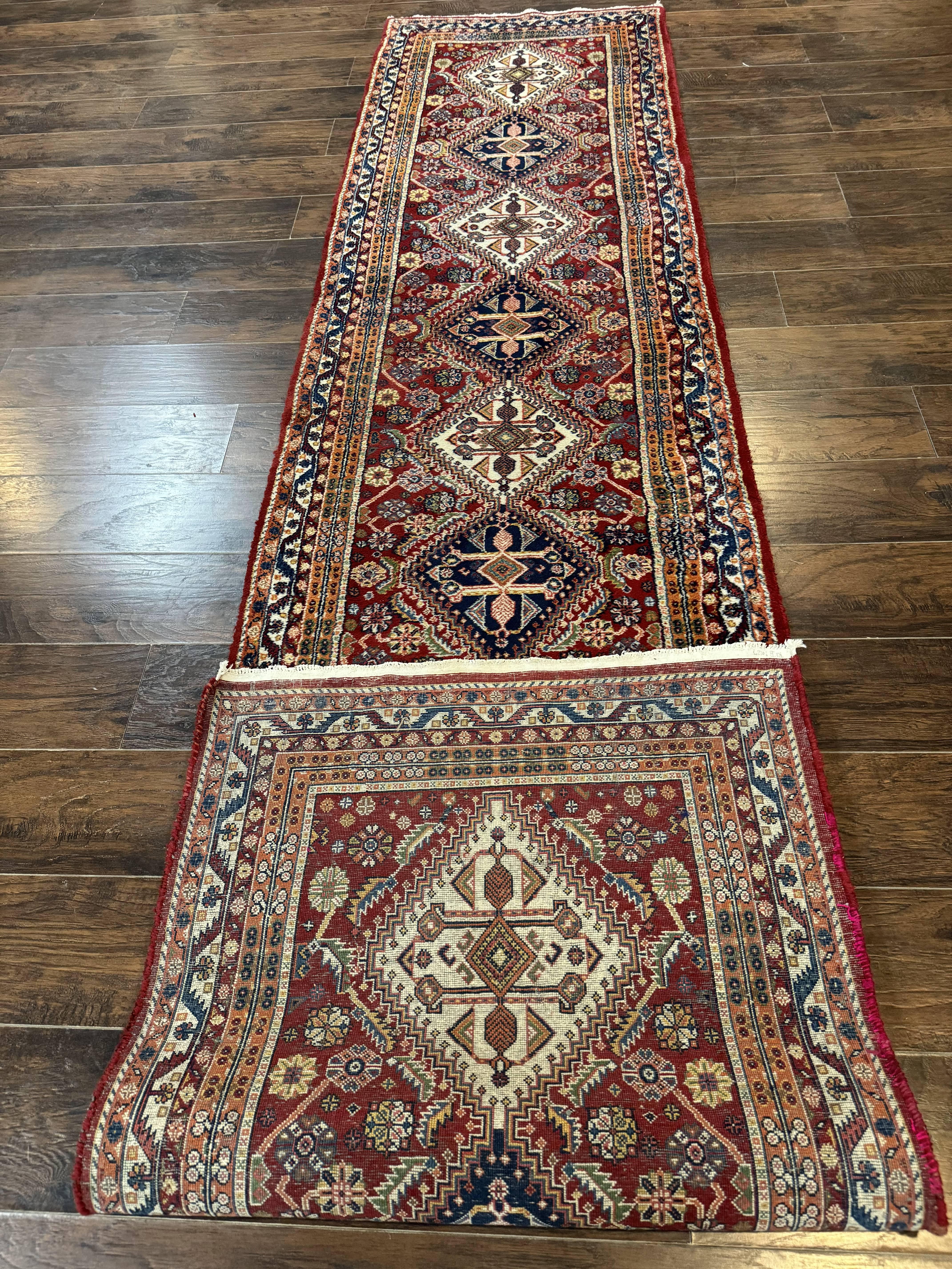 Antique Persian Qashqai Runner Rug 3 x 13 ft, Tribal Runner, Geometric Medallions, Red Ivory Blue, Wool - Image 11