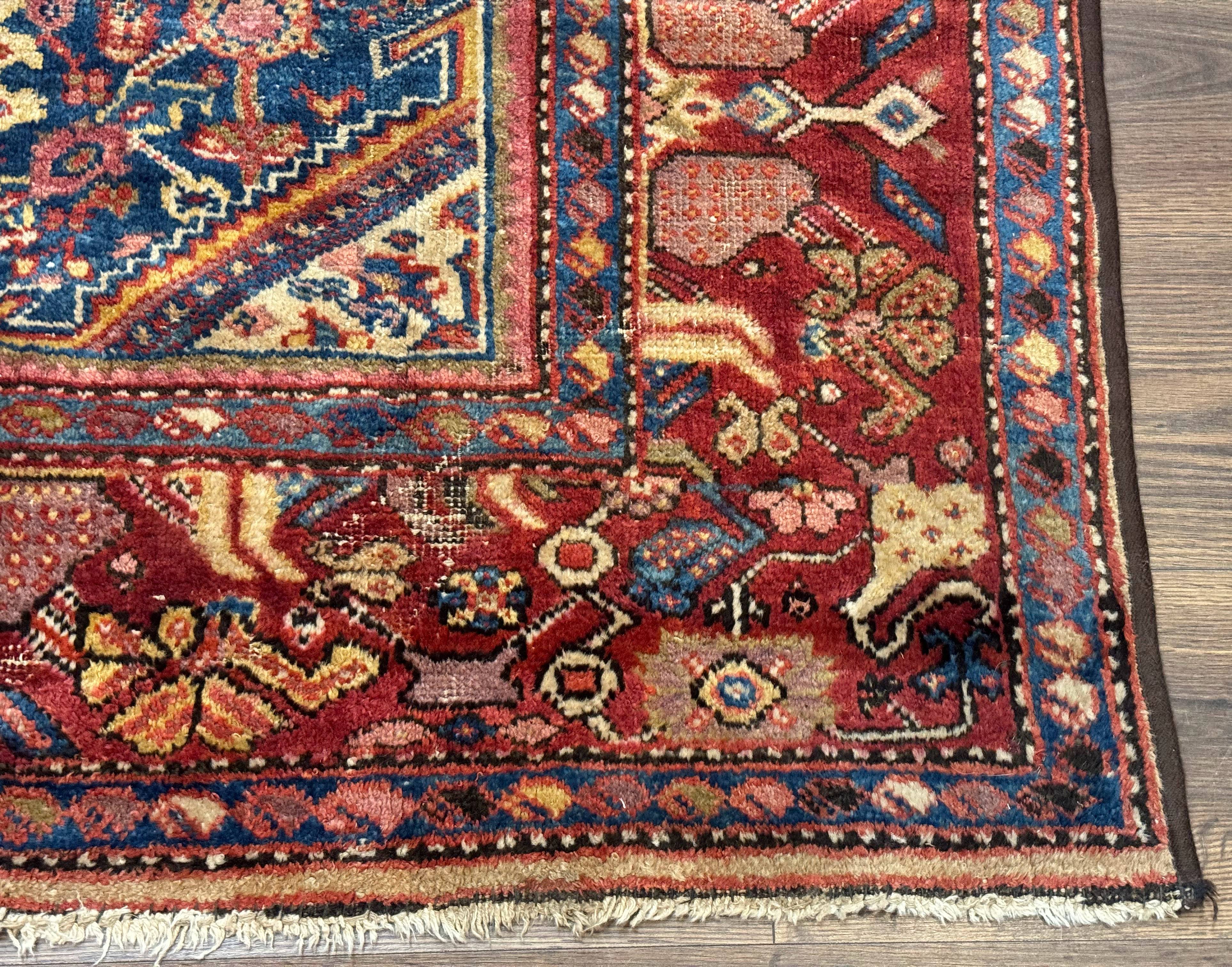 Antique Persian Rug 4x7, Blue and Red Malayer Carpet, Rare - Image 10