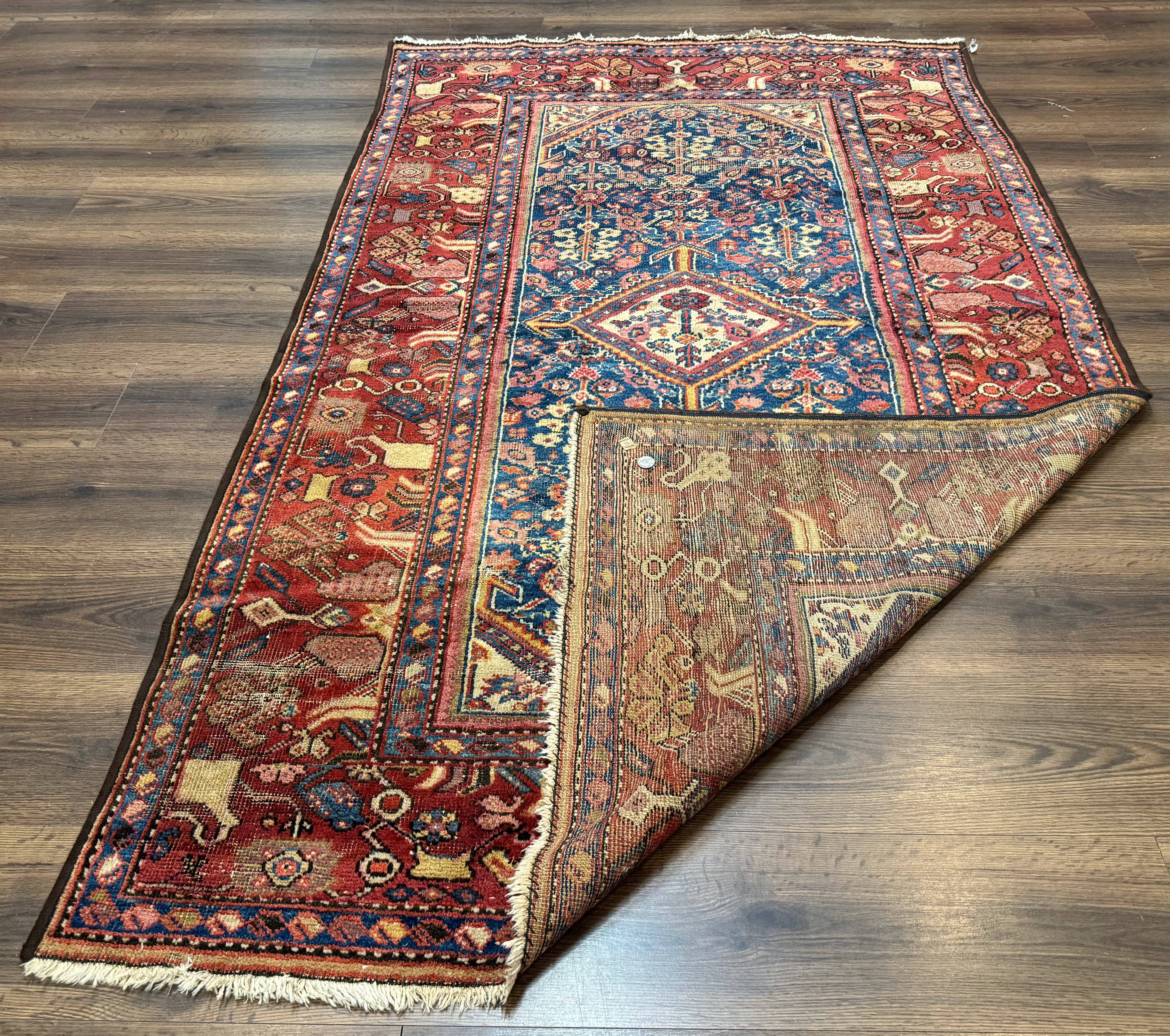 Antique Persian Rug 4x7, Blue and Red Malayer Carpet, Rare - Image 12
