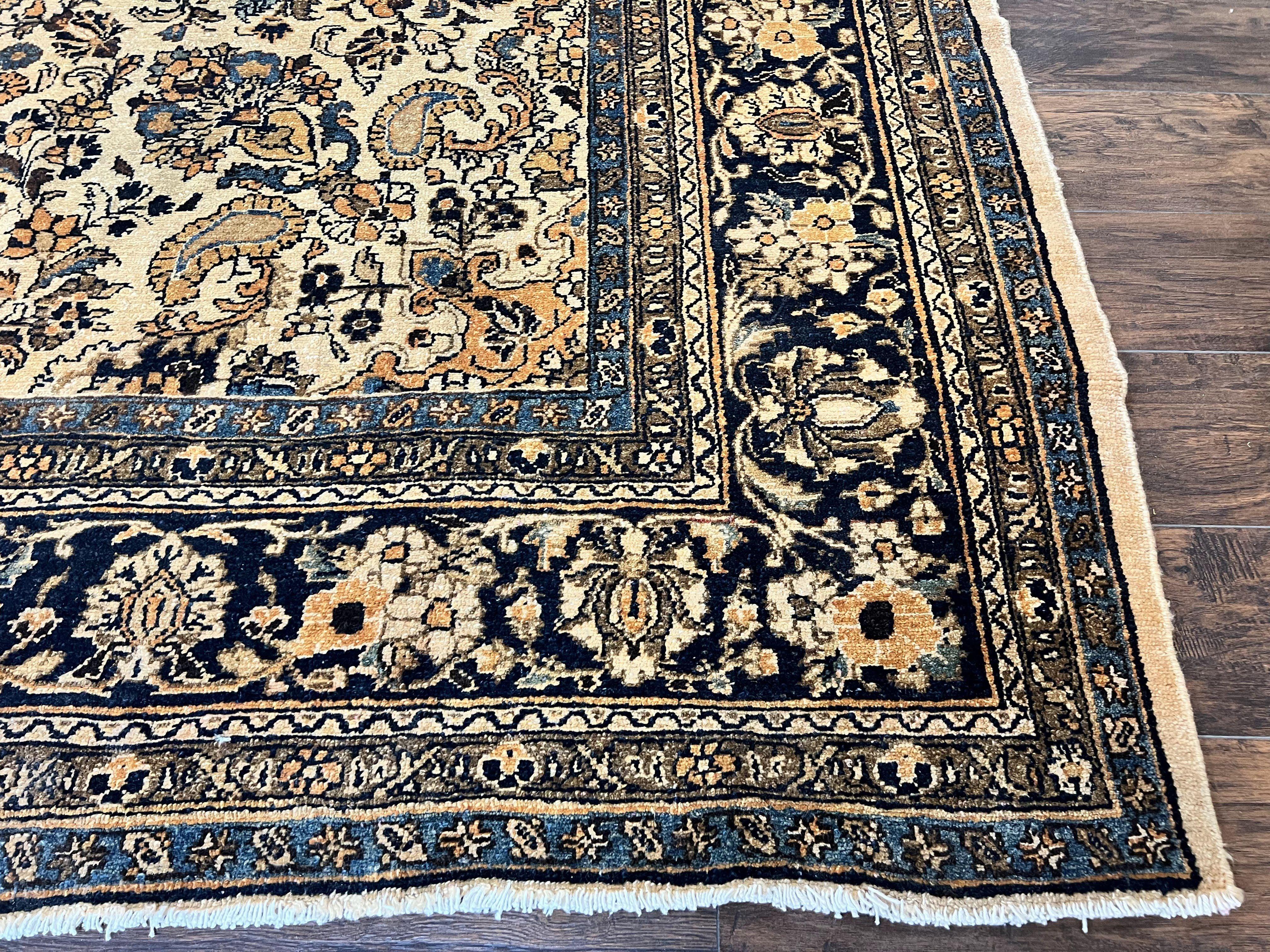 Antique Persian Rug 9x11, Wool Handmade 1920s Oriental Carpet, Persian Hamadan Anjelas Rug, Cream Black, Floral Allover Oriental Rug 9 x 11 Room Sized Rug - Image 10