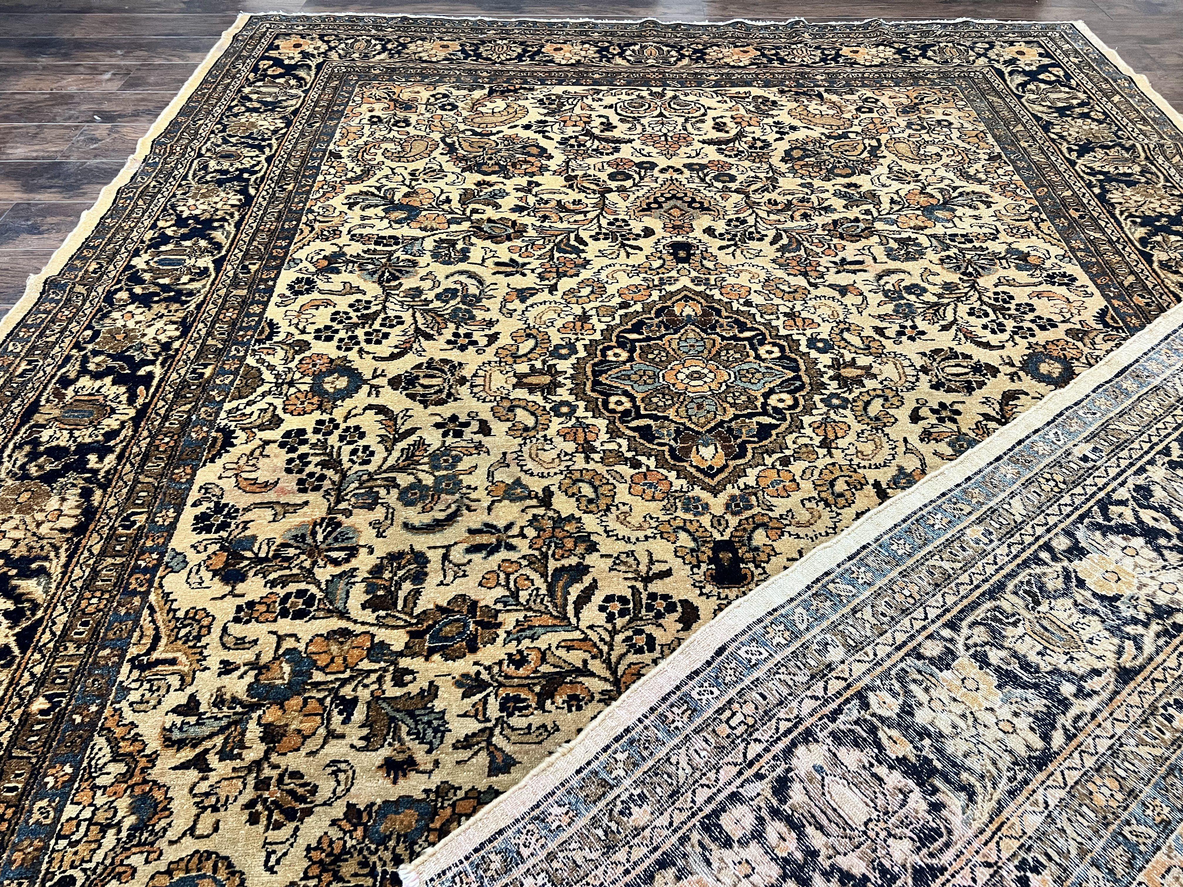 Antique Persian Rug 9x11, Wool Handmade 1920s Oriental Carpet, Persian Hamadan Anjelas Rug, Cream Black, Floral Allover Oriental Rug 9 x 11 Room Sized Rug - Image 12