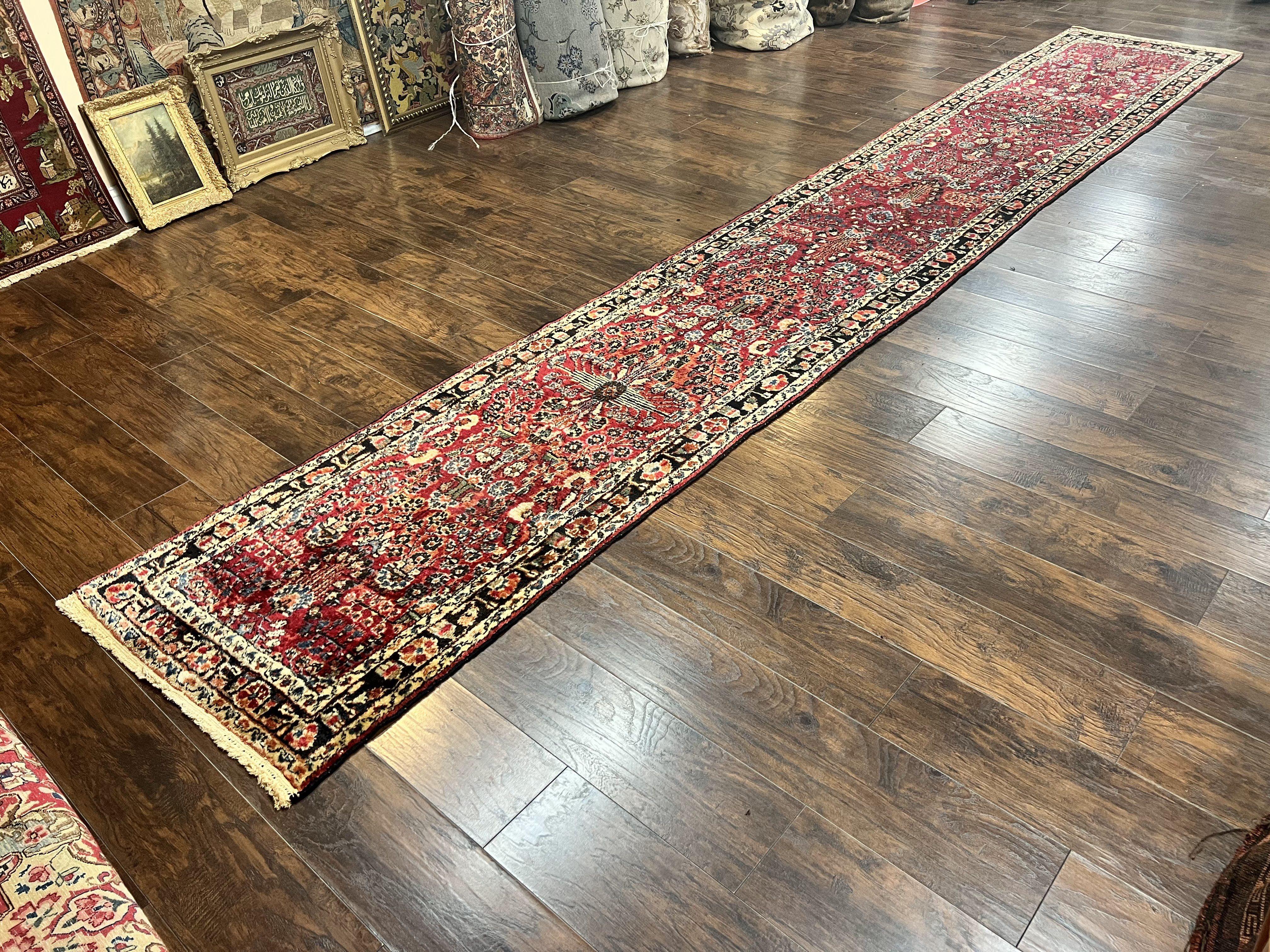 Antique Persian Runner Rug 2.9 x 17, Rare Sarouk Runner, Handmade Wool Rug for Hallway, Red, Floral - Image 2