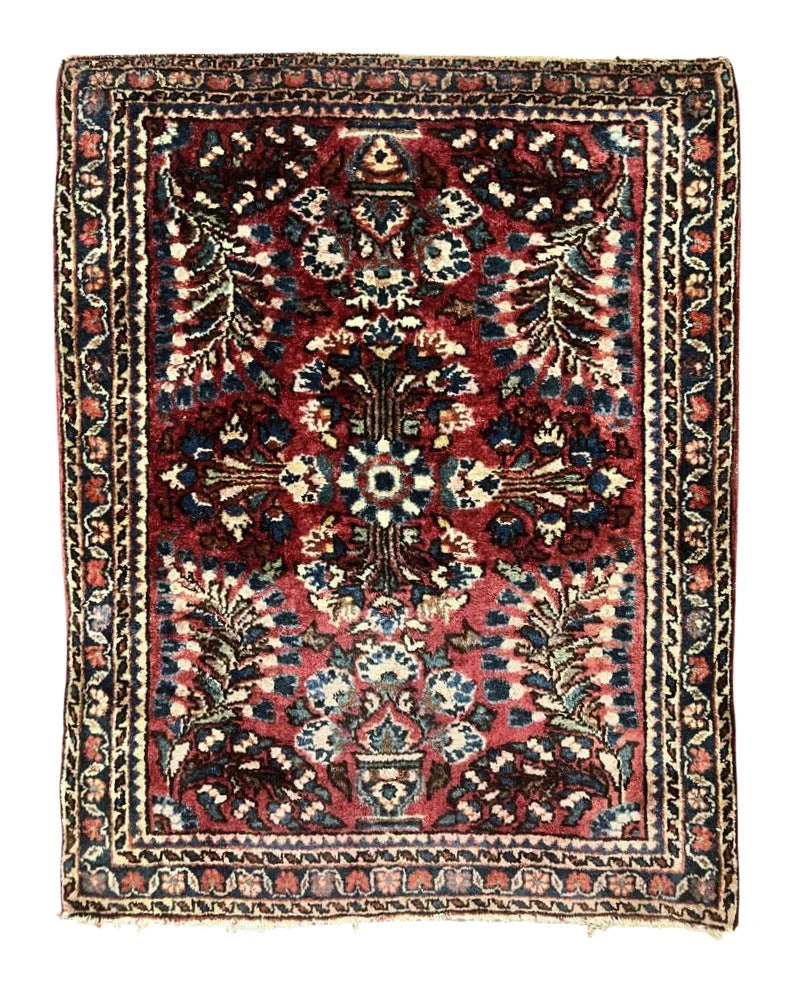 Antique Persian Sarouk Rug 2 x 2.5, Small Sarouk Carpet, Red Floral 1920s Red, Fine 170 KPSI, Wool Handmade Rug