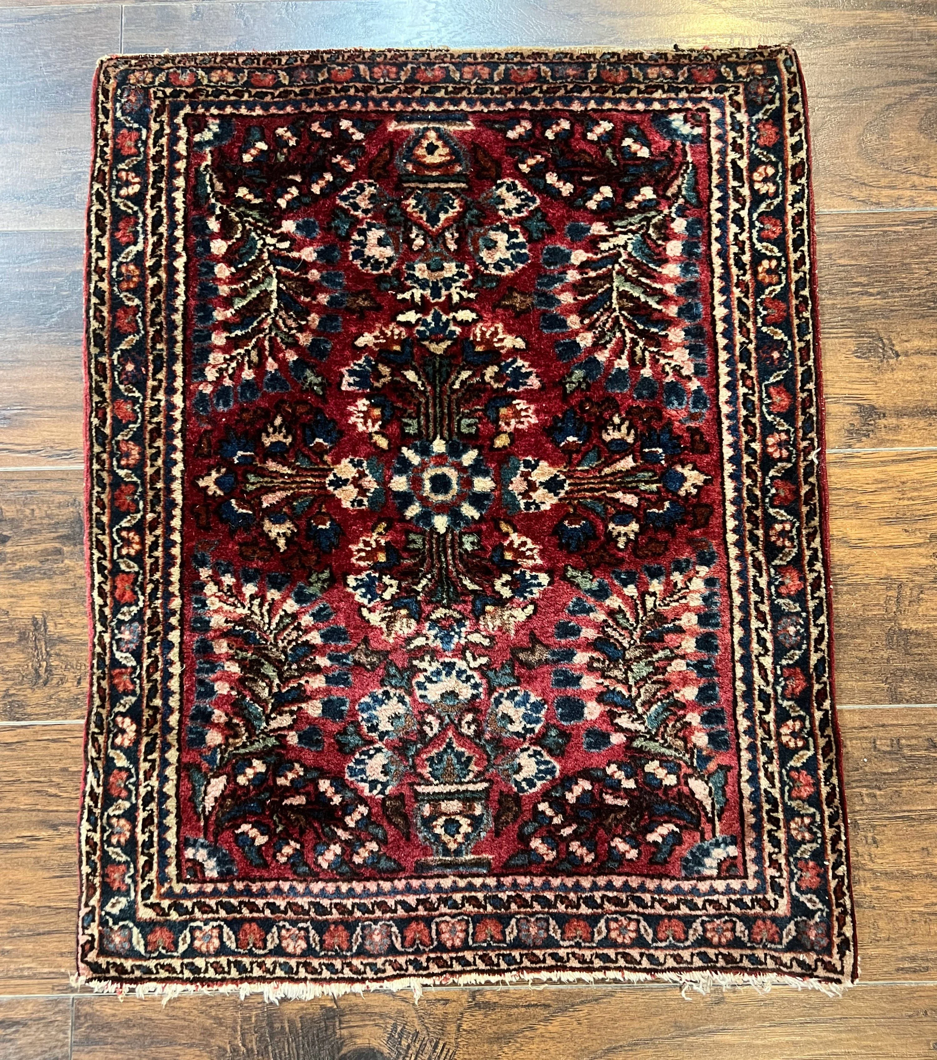Antique Persian Sarouk Rug 2 x 2.5, Small Sarouk Carpet, Red Floral 1920s Red, Fine 170 KPSI, Wool Handmade Rug - Image 2