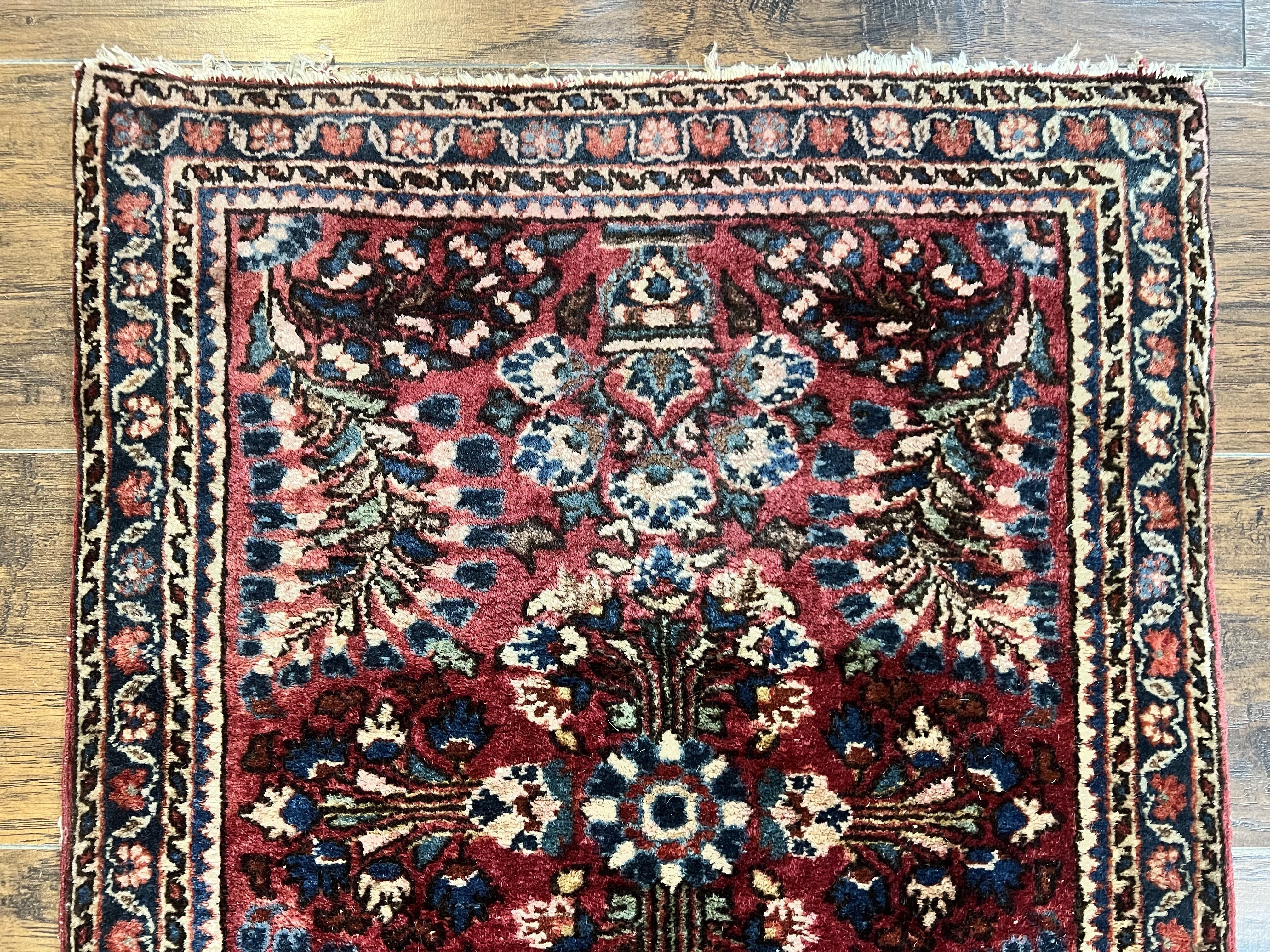 Antique Persian Sarouk Rug 2 x 2.5, Small Sarouk Carpet, Red Floral 1920s Red, Fine 170 KPSI, Wool Handmade Rug - Image 3