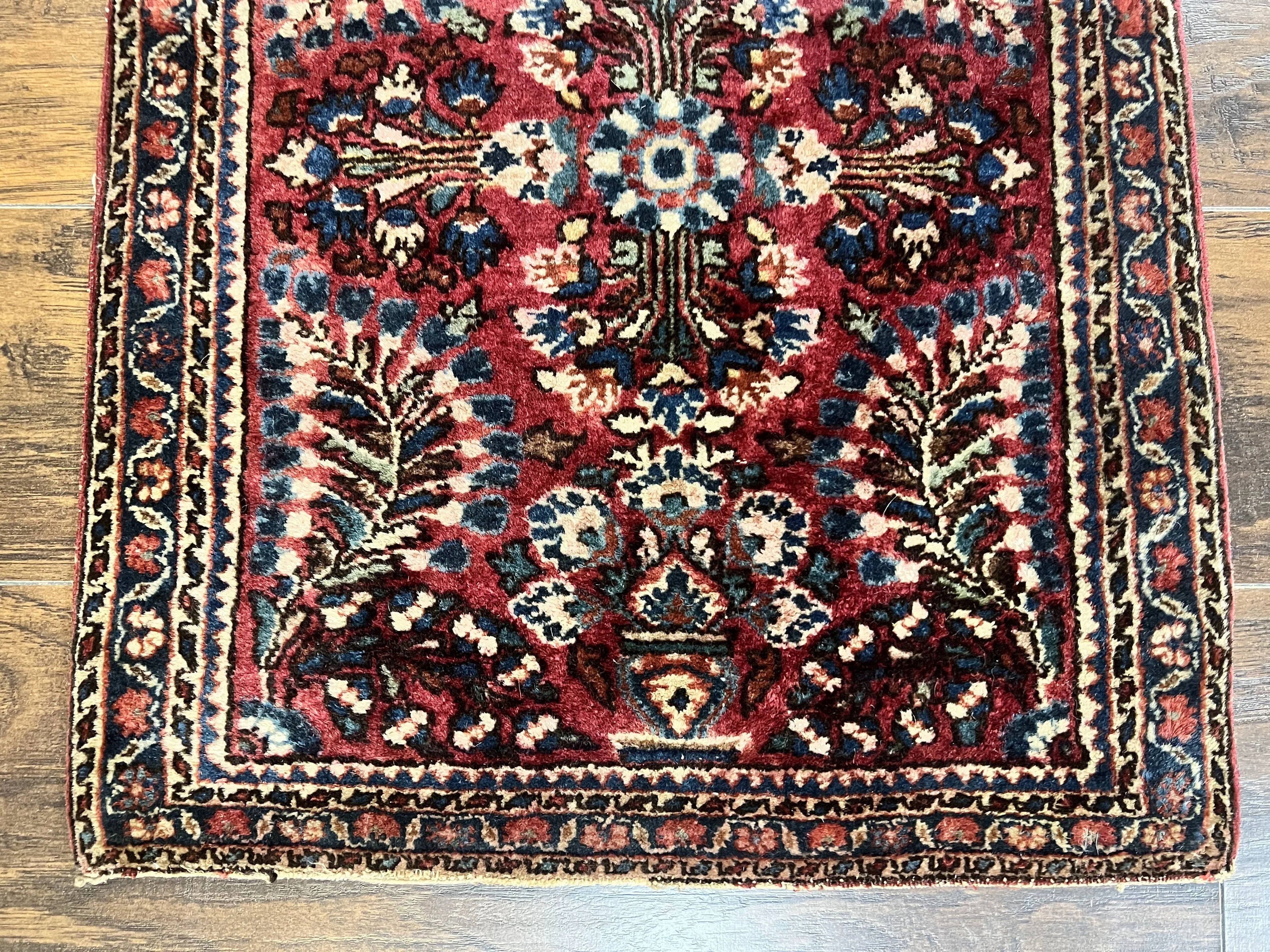 Antique Persian Sarouk Rug 2 x 2.5, Small Sarouk Carpet, Red Floral 1920s Red, Fine 170 KPSI, Wool Handmade Rug - Image 5