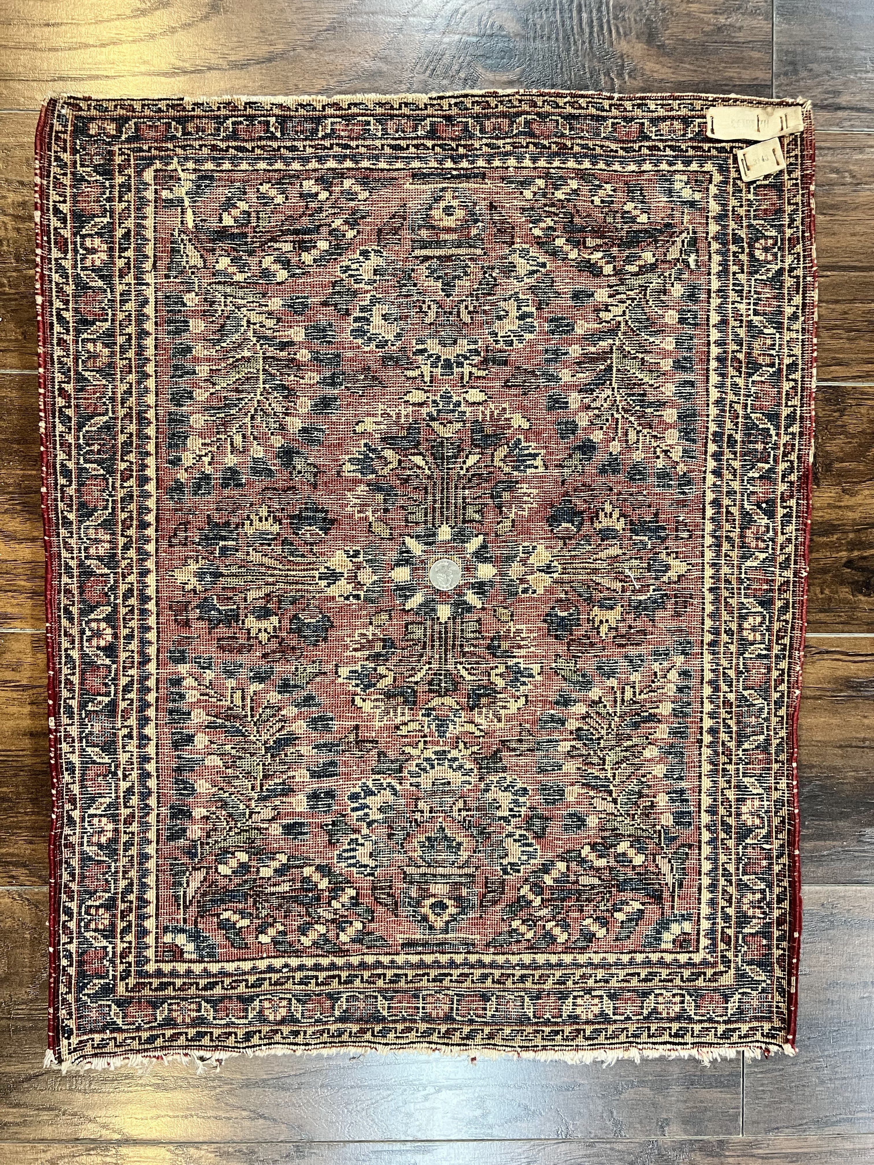 Antique Persian Sarouk Rug 2 x 2.5, Small Sarouk Carpet, Red Floral 1920s Red, Fine 170 KPSI, Wool Handmade Rug - Image 7