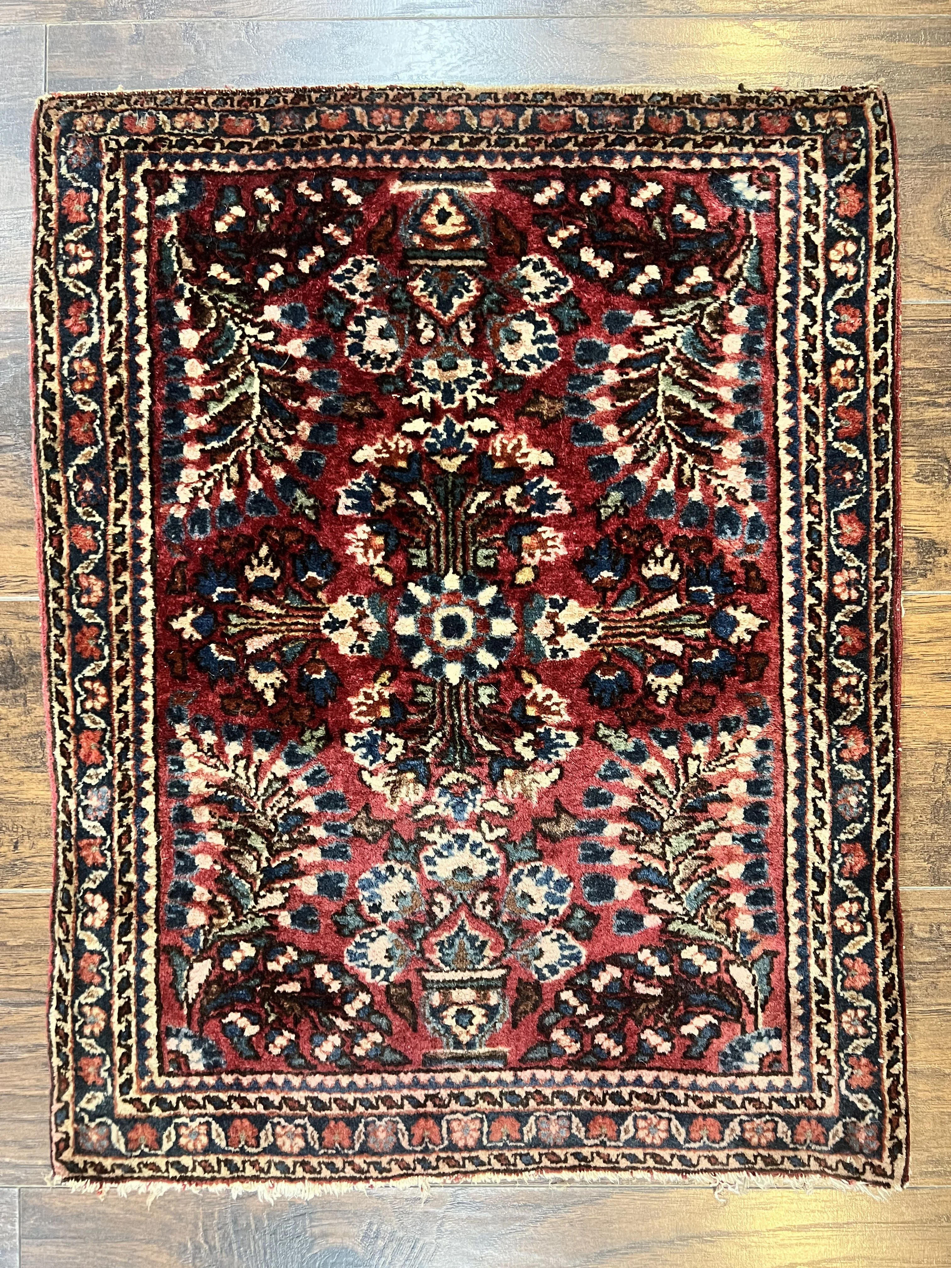Antique Persian Sarouk Rug 2 x 2.5, Small Sarouk Carpet, Red Floral 1920s Red, Fine 170 KPSI, Wool Handmade Rug - Image 8