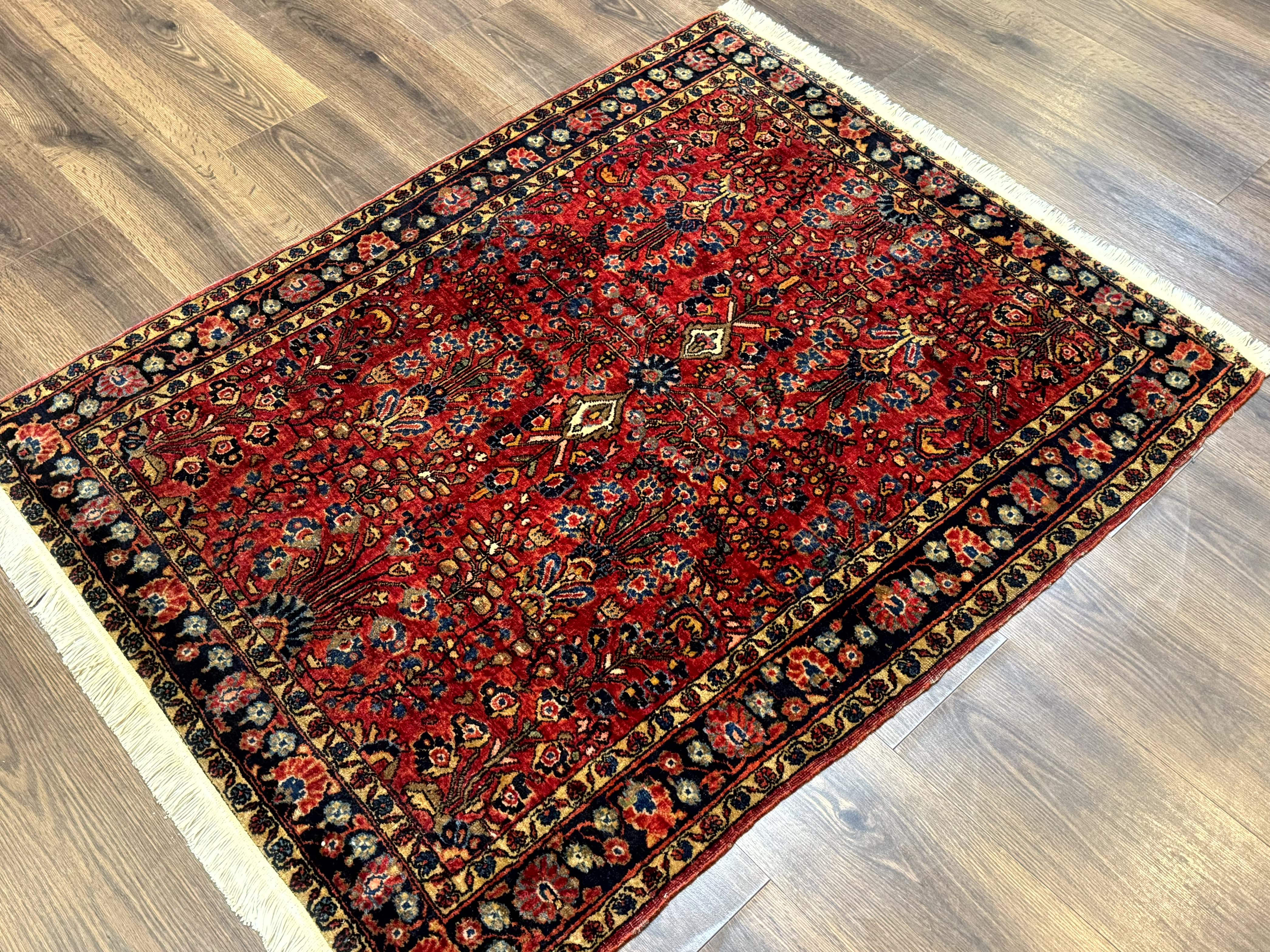 Antique Persian Sarouk Rug 3x4, Red, Floral, 1920s Wool Rug - Image 2