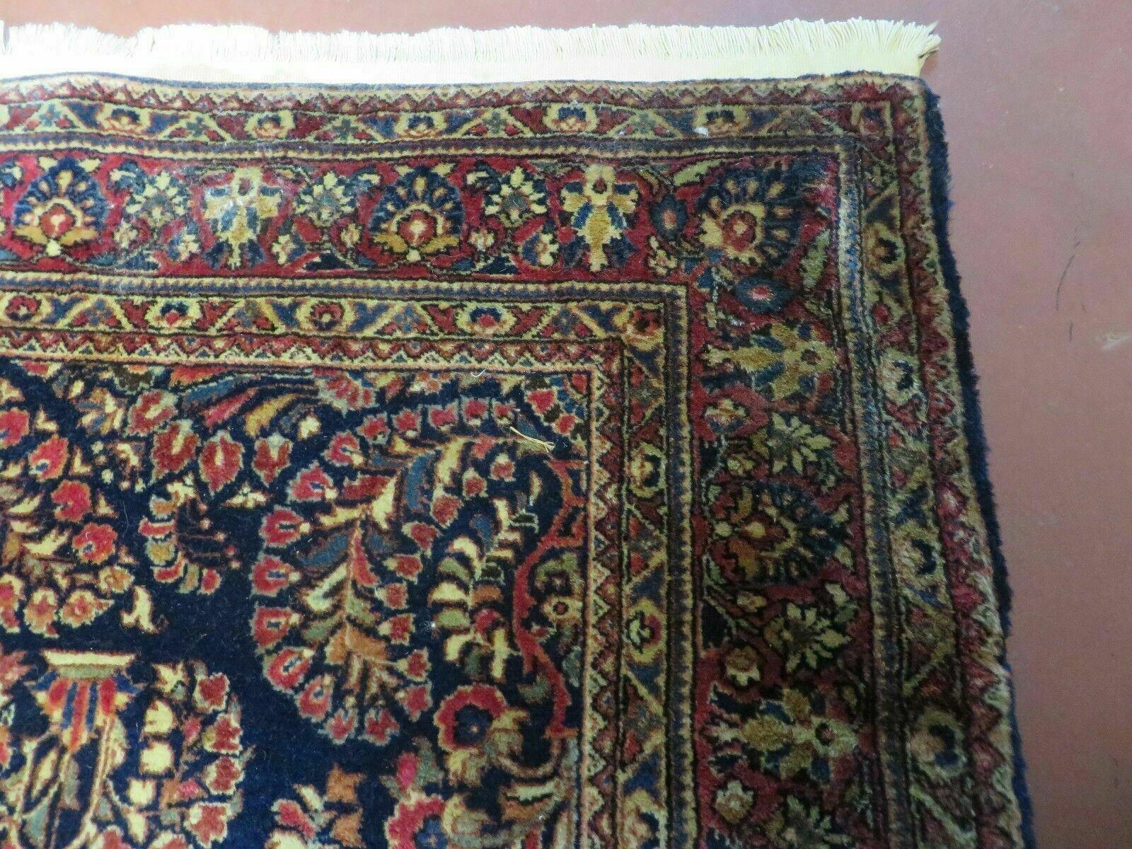 Antique Persian Sarouk Rug 4x6, Hand Knotted 1920s Oriental Carpet 4 x 6 ft, Navy Blue and Red Wool Rug, Handmade Floral Allover Persian Area Rug - Image 7