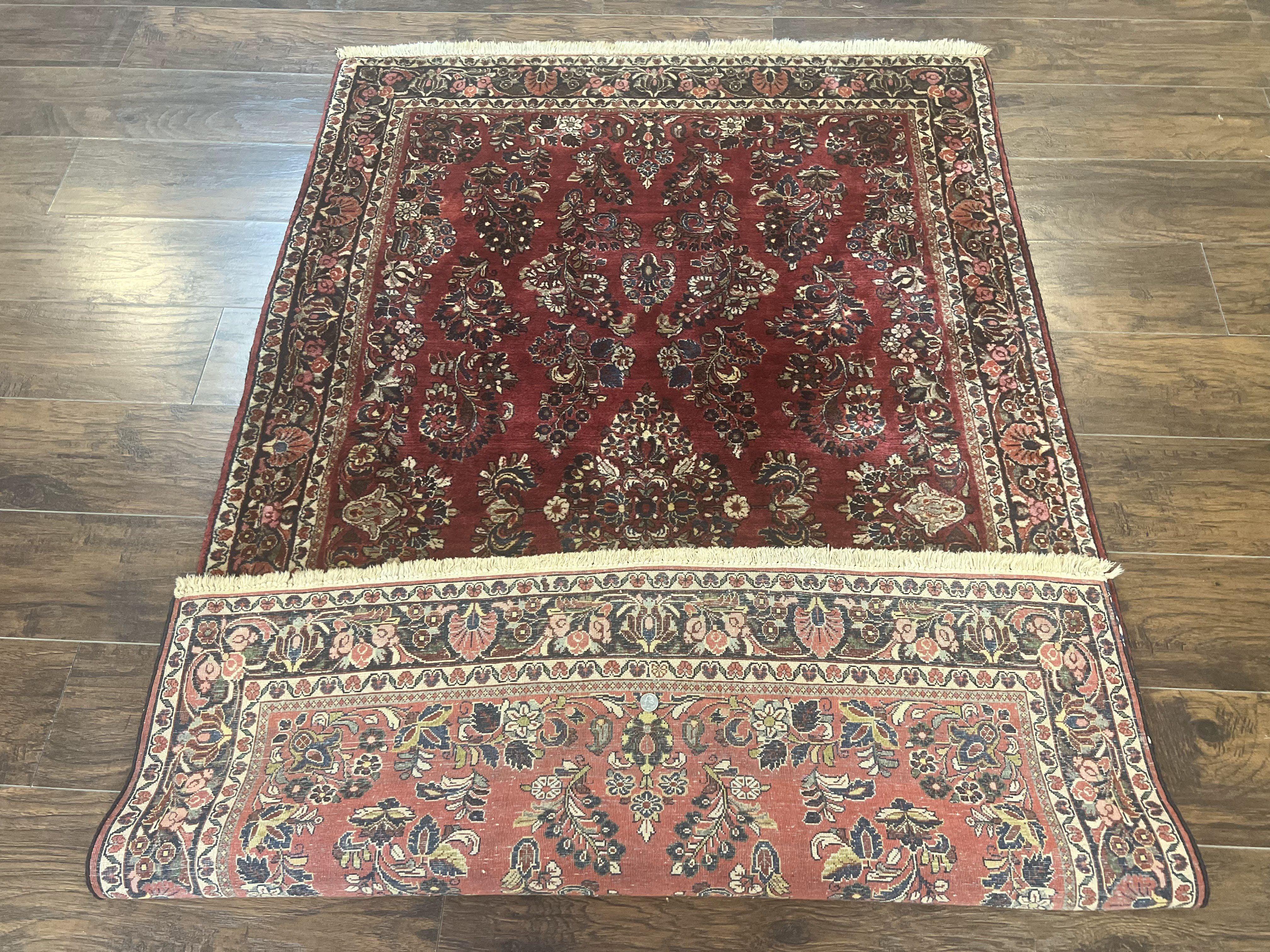 Antique Persian Sarouk Rug 4x7, Hand Knotted Wool Red Persian Carpet, Floral - Image 11