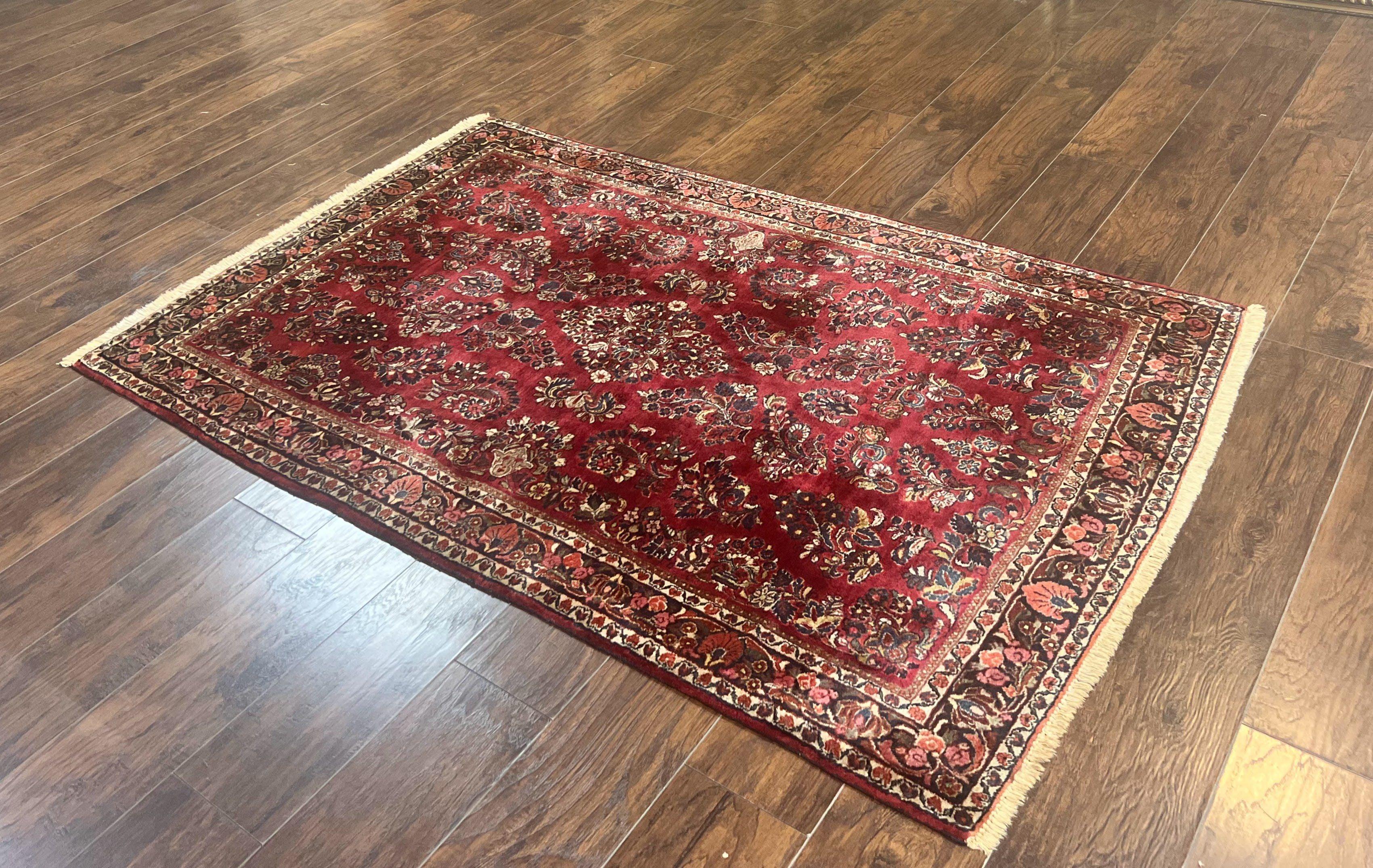 Antique Persian Sarouk Rug 4x7, Hand Knotted Wool Red Persian Carpet, Floral - Image 2