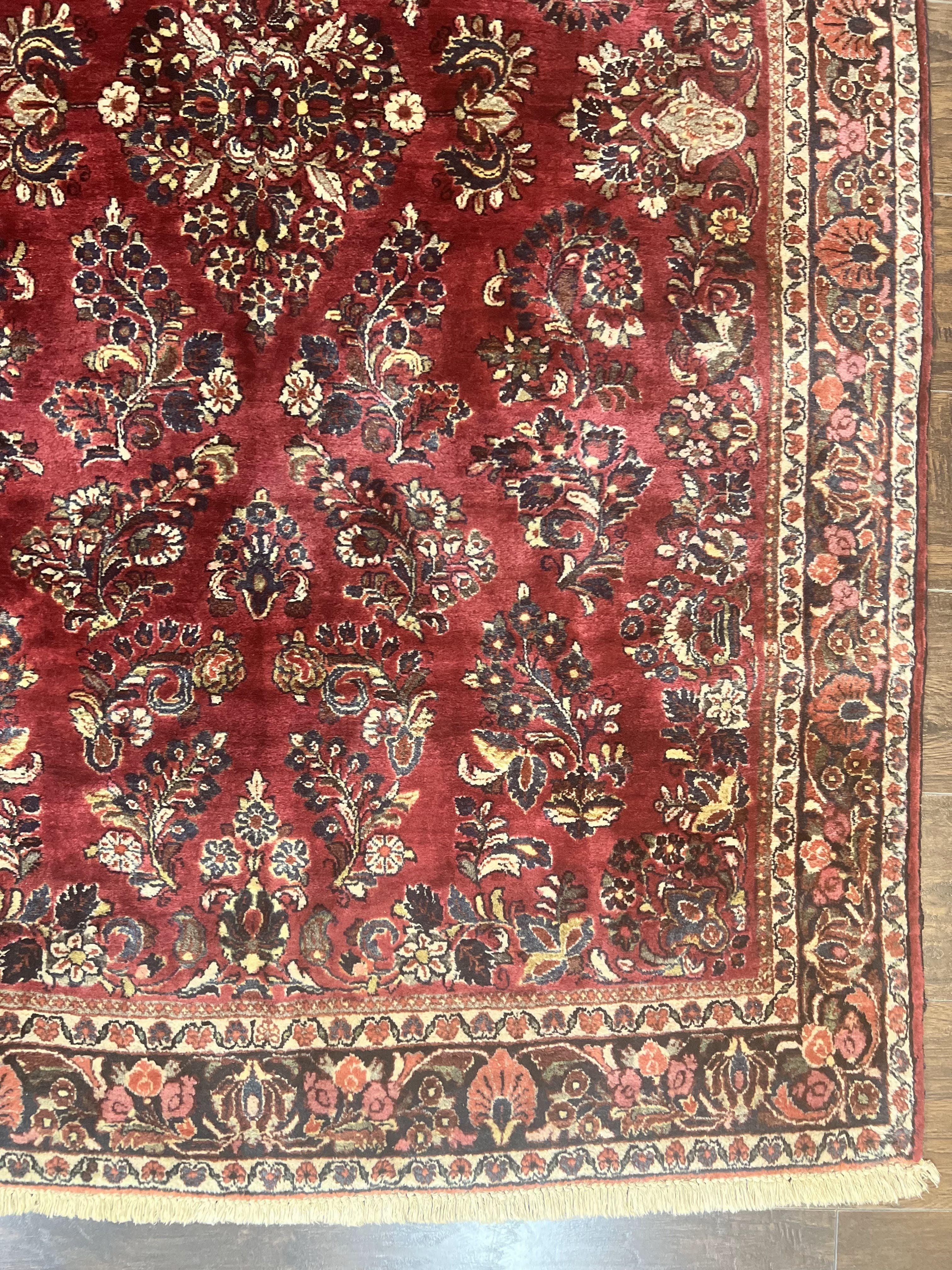 Antique Persian Sarouk Rug 4x7, Hand Knotted Wool Red Persian Carpet, Floral - Image 9