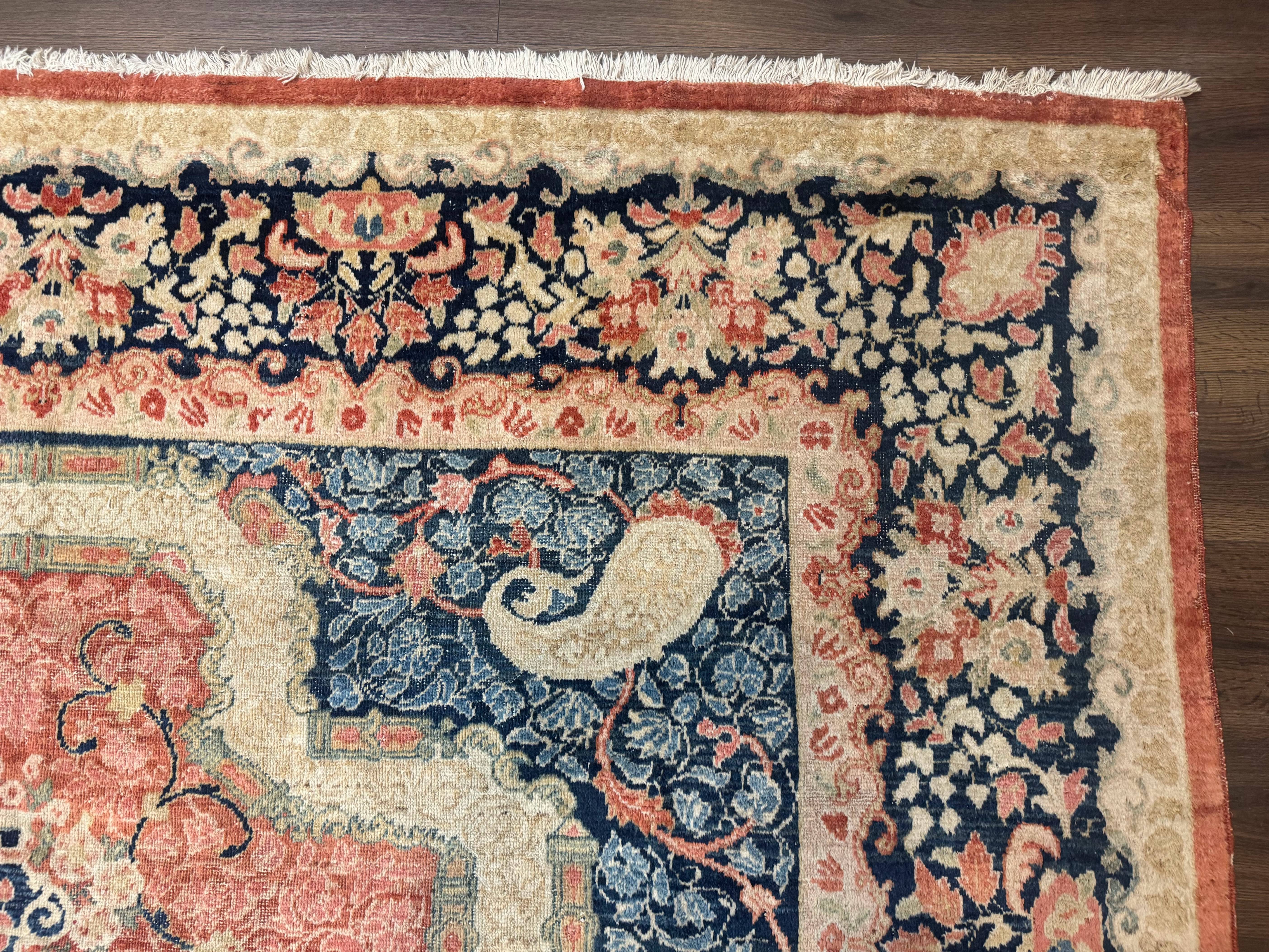 Antique Persian Sarouk Rug 9x12, Boteh Paisleys, Light Red Navy Blue - Image 7
