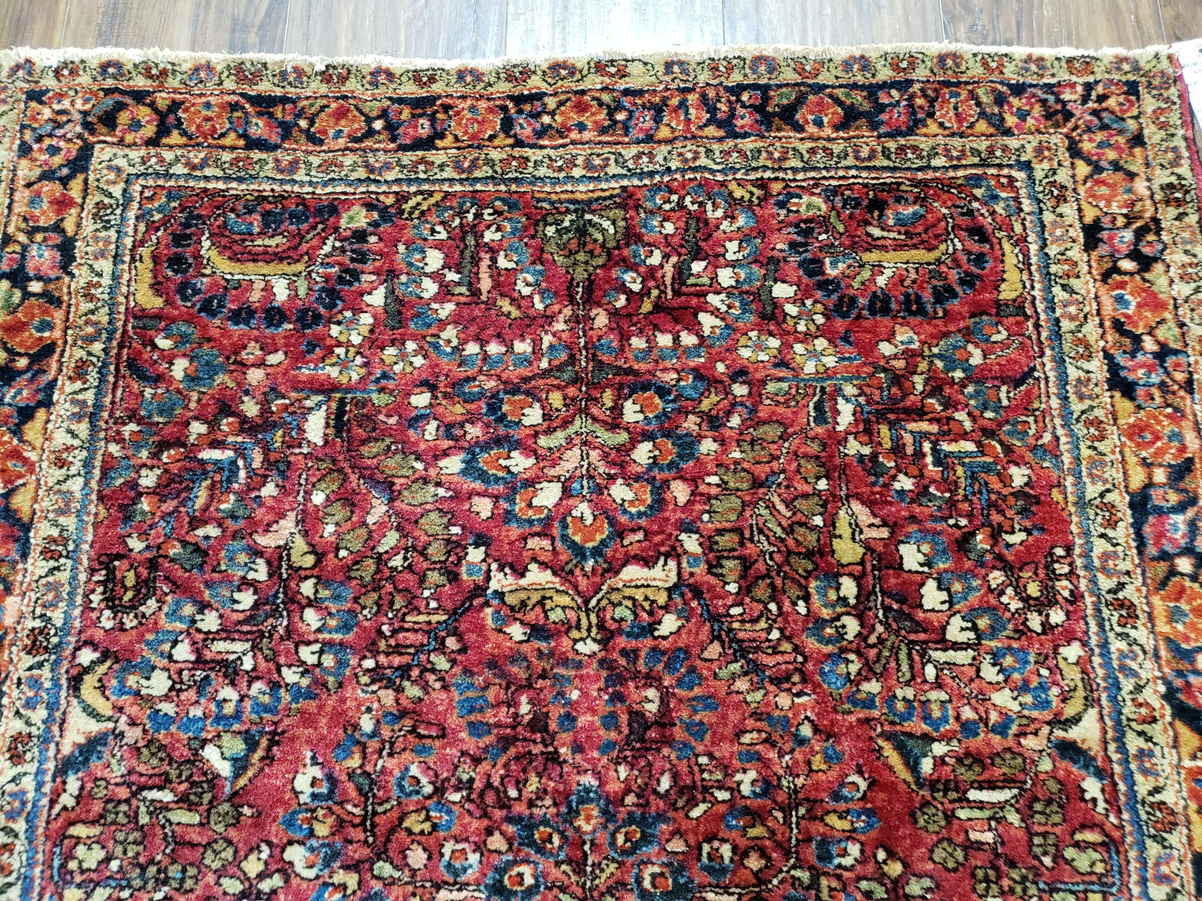 Antique Persian Sarouk Rug, Red, Allover Floral Pattern, Hand-Knotted, Wool, 3'4" x 4'10" - Image 3