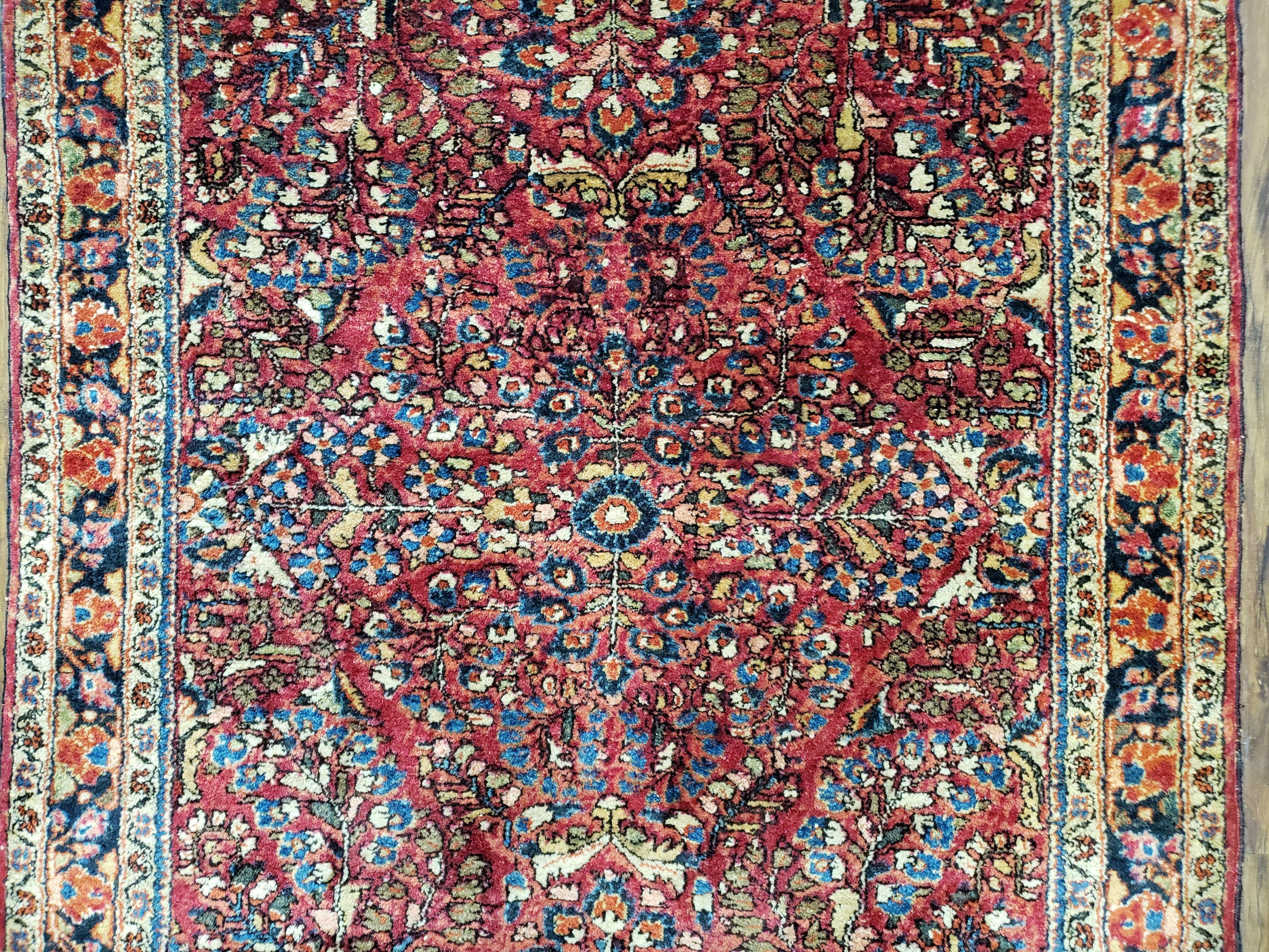 Antique Persian Sarouk Rug, Red, Allover Floral Pattern, Hand-Knotted, Wool, 3'4" x 4'10" - Image 5