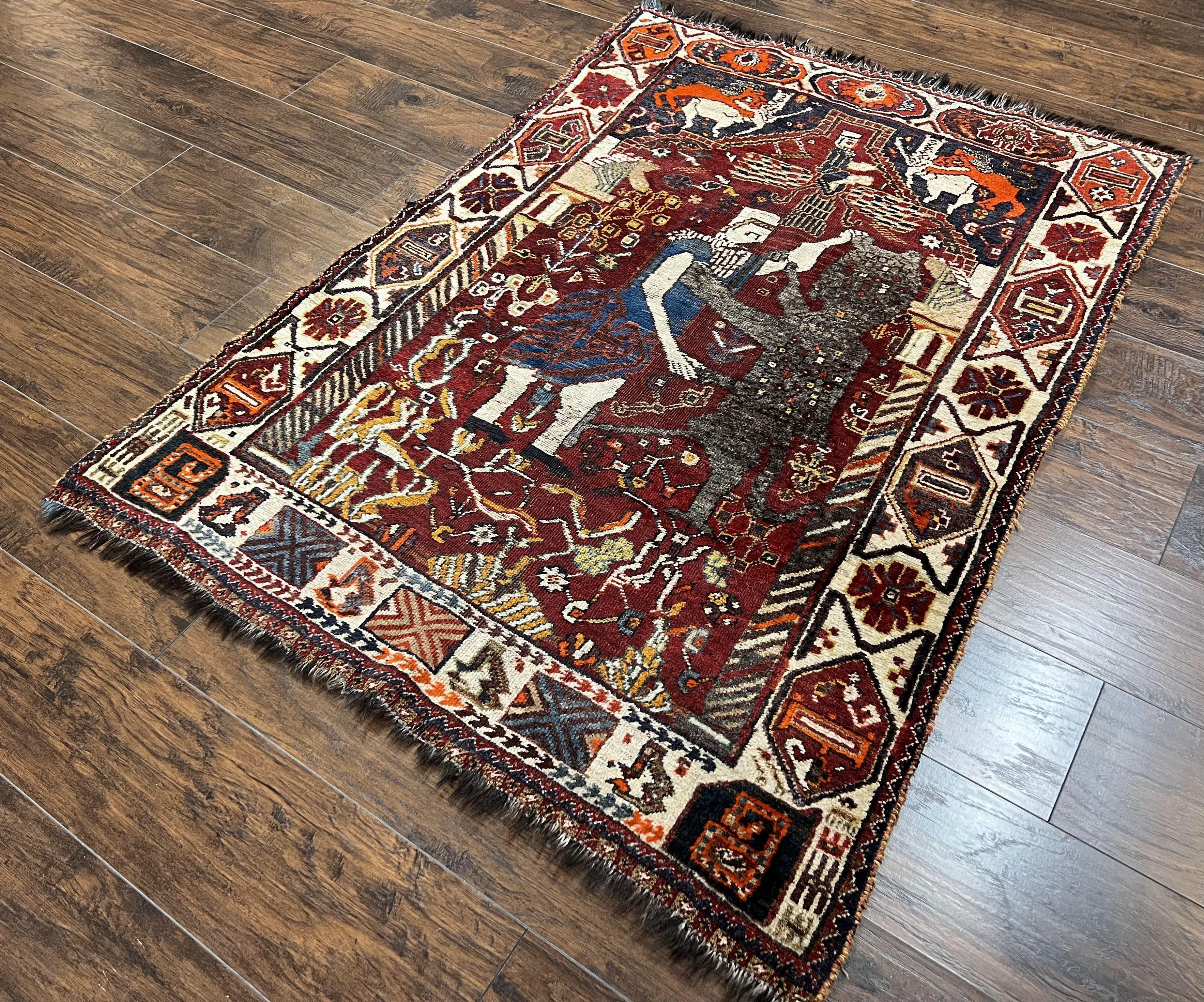 Antique Persian Shiraz Pictorial Rug 3.6 x 5, Persian Tribal Rug, Handmade, Lions, Highly Unique Collectible Small Persian Carpet, Maroon, Wool - Image 2
