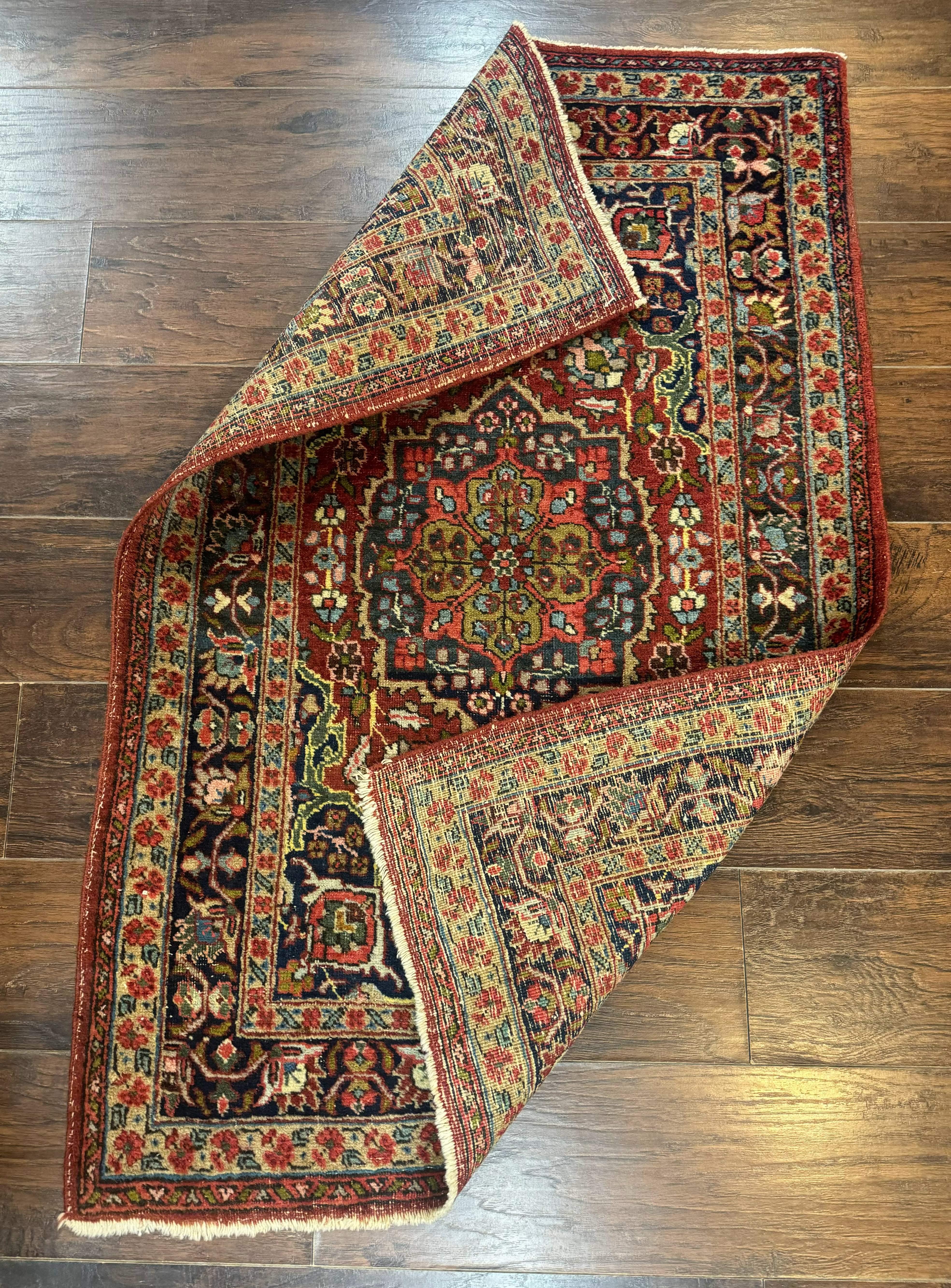Antique Persian Tabriz Rug 3x5, Brick Red Navy Blue, Floral Medallion, Small Persian Carpet - Image 11