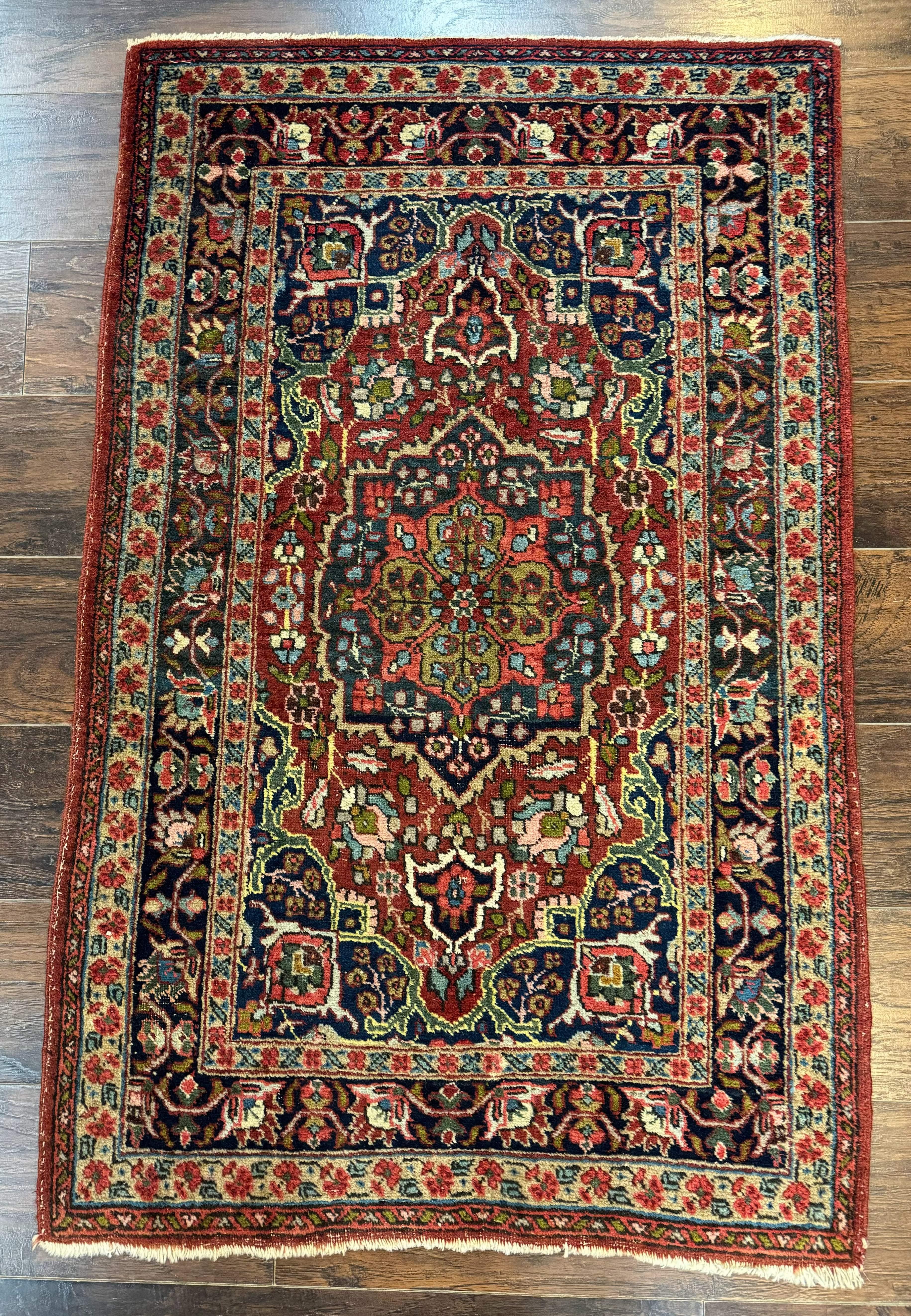 Antique Persian Tabriz Rug 3x5, Brick Red Navy Blue, Floral Medallion, Small Persian Carpet - Image 2