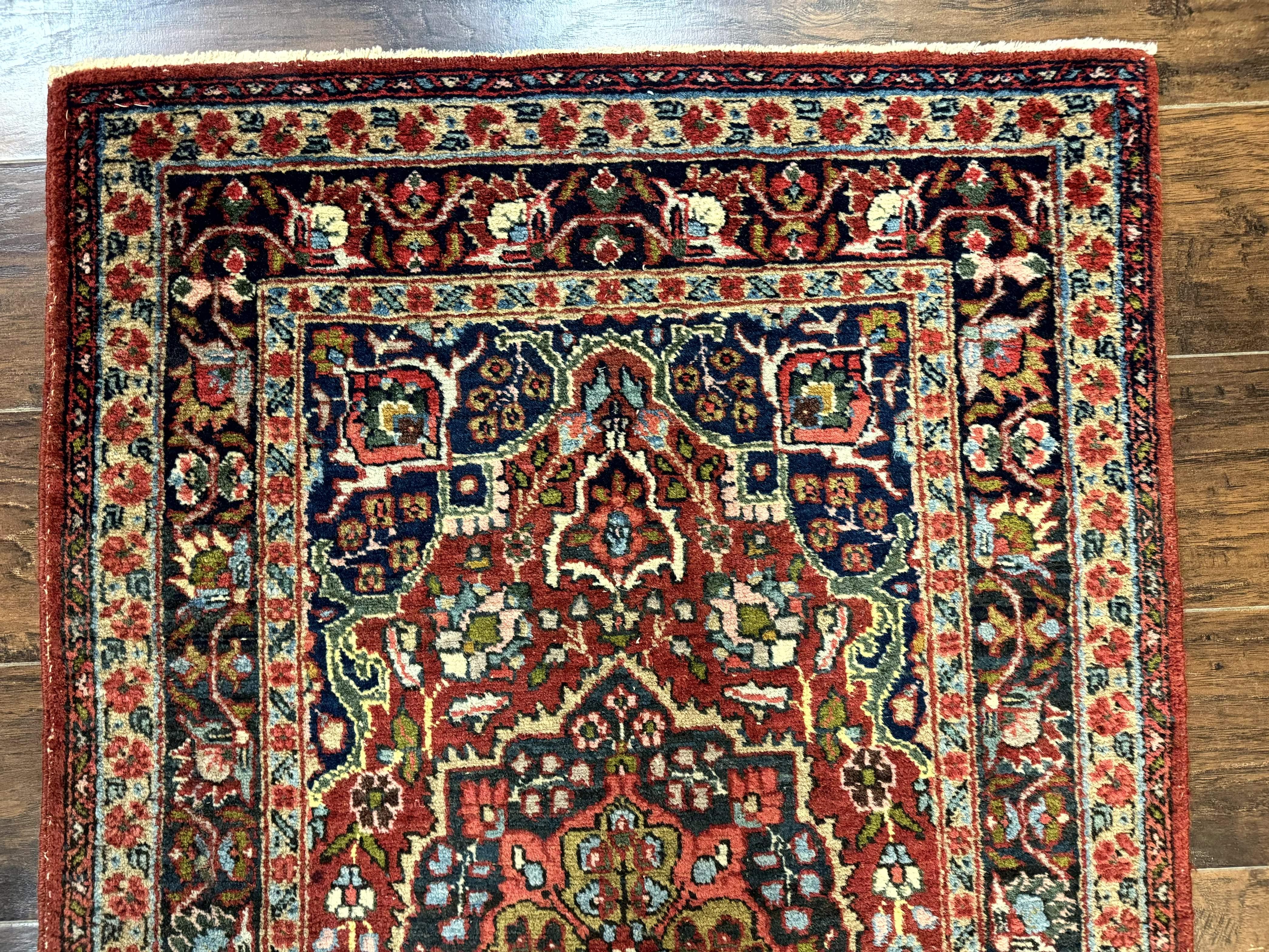 Antique Persian Tabriz Rug 3x5, Brick Red Navy Blue, Floral Medallion, Small Persian Carpet - Image 3