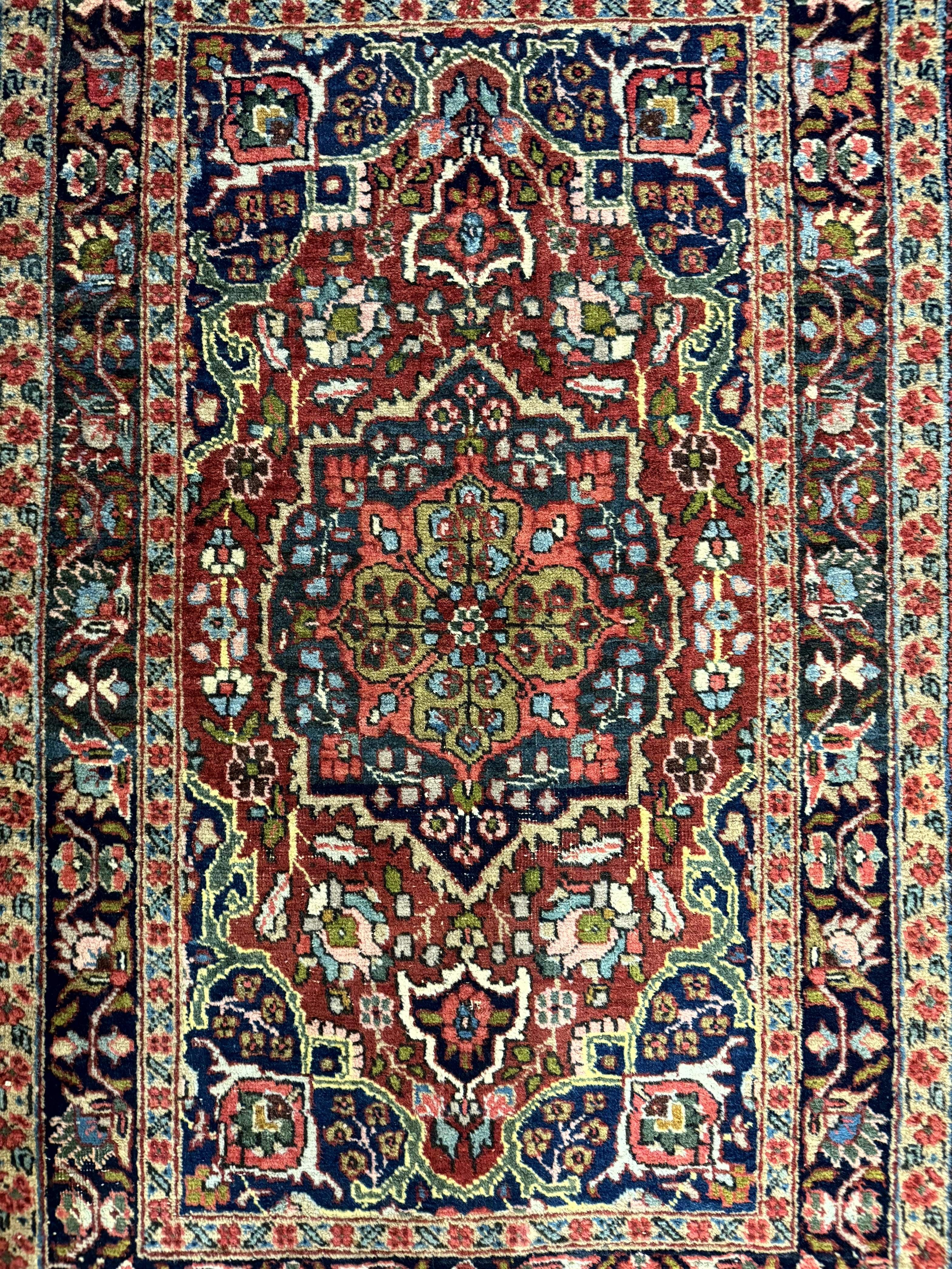 Antique Persian Tabriz Rug 3x5, Brick Red Navy Blue, Floral Medallion, Small Persian Carpet - Image 4