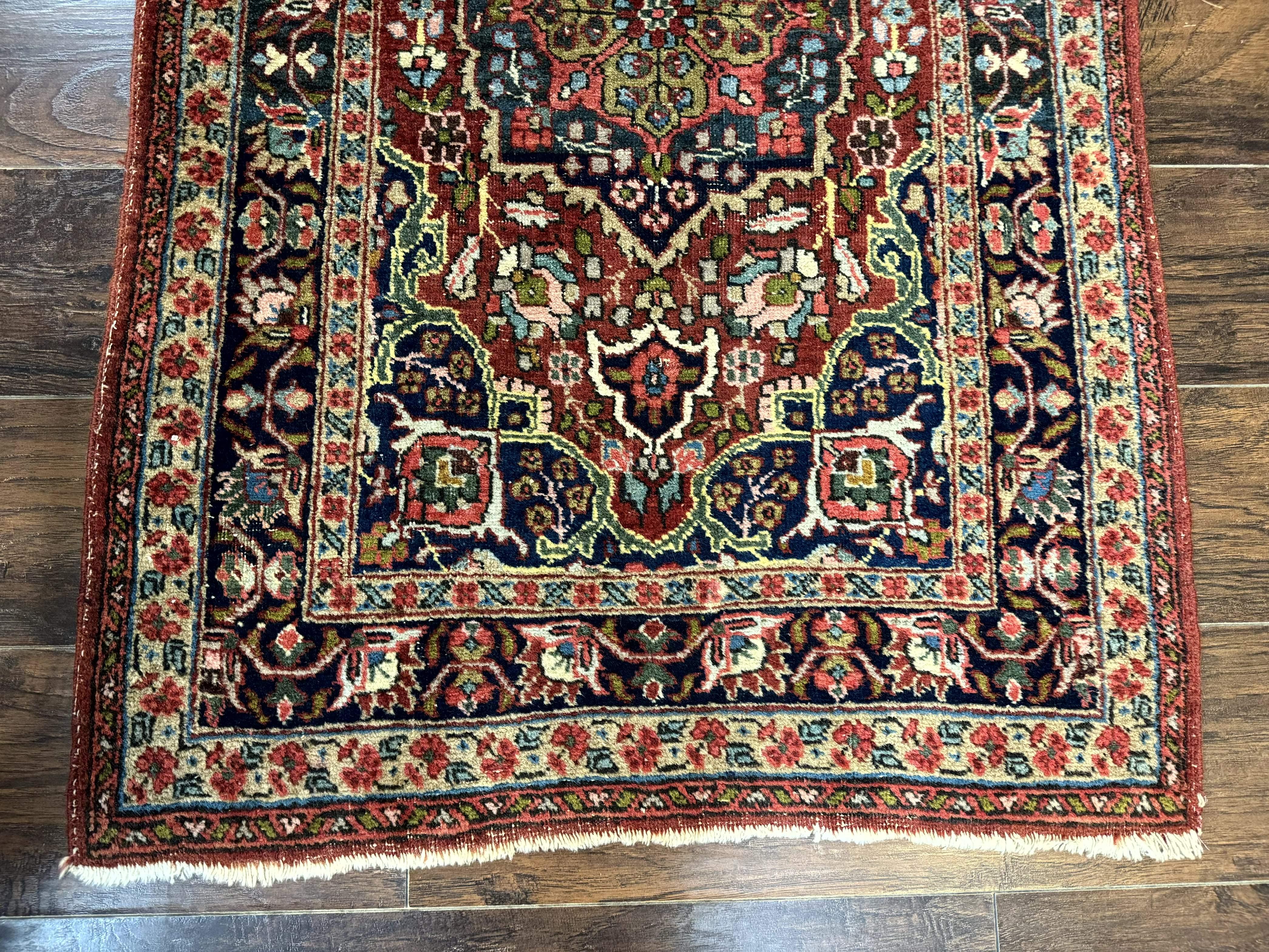 Antique Persian Tabriz Rug 3x5, Brick Red Navy Blue, Floral Medallion, Small Persian Carpet - Image 5