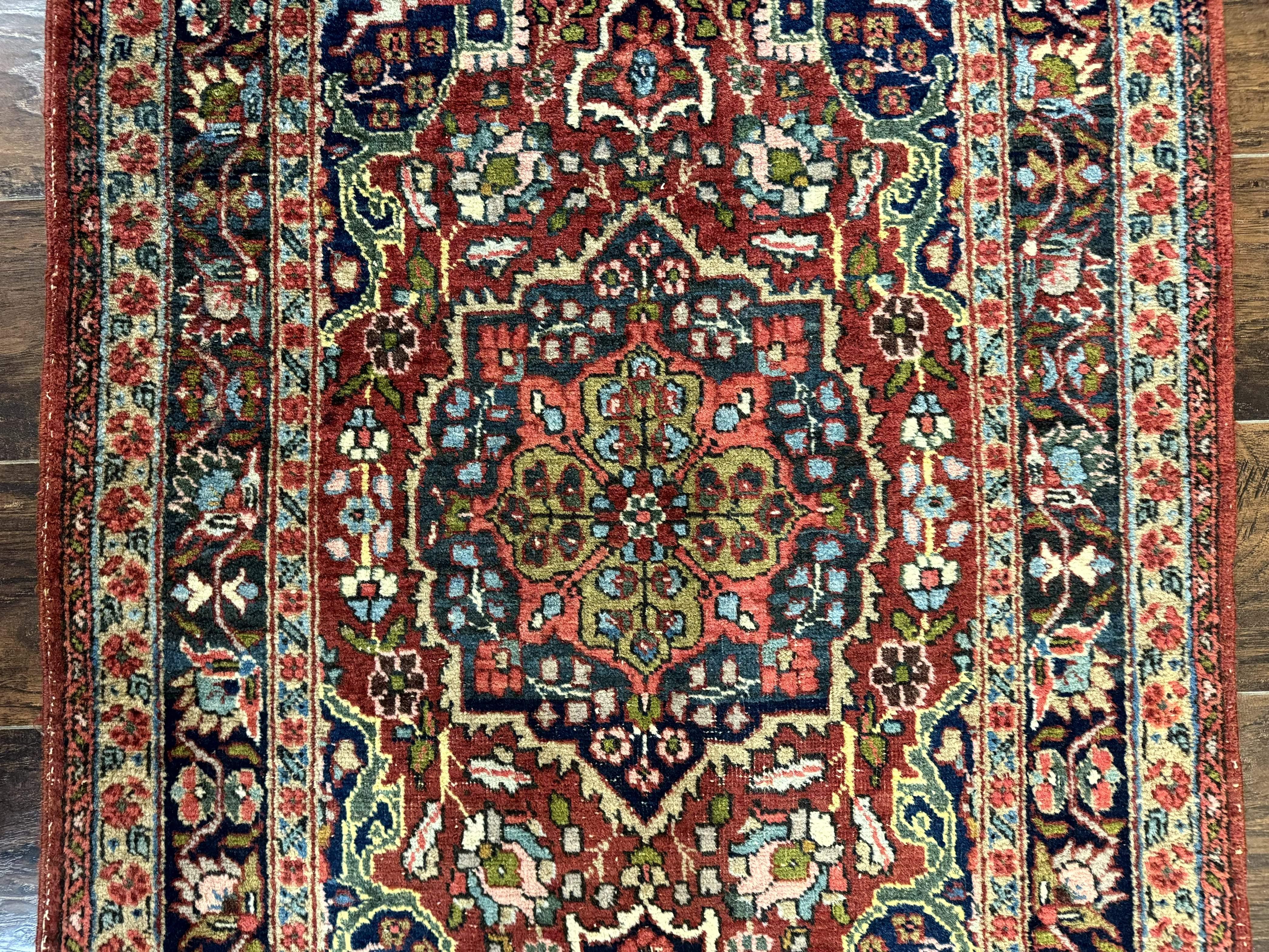Antique Persian Tabriz Rug 3x5, Brick Red Navy Blue, Floral Medallion, Small Persian Carpet - Image 6