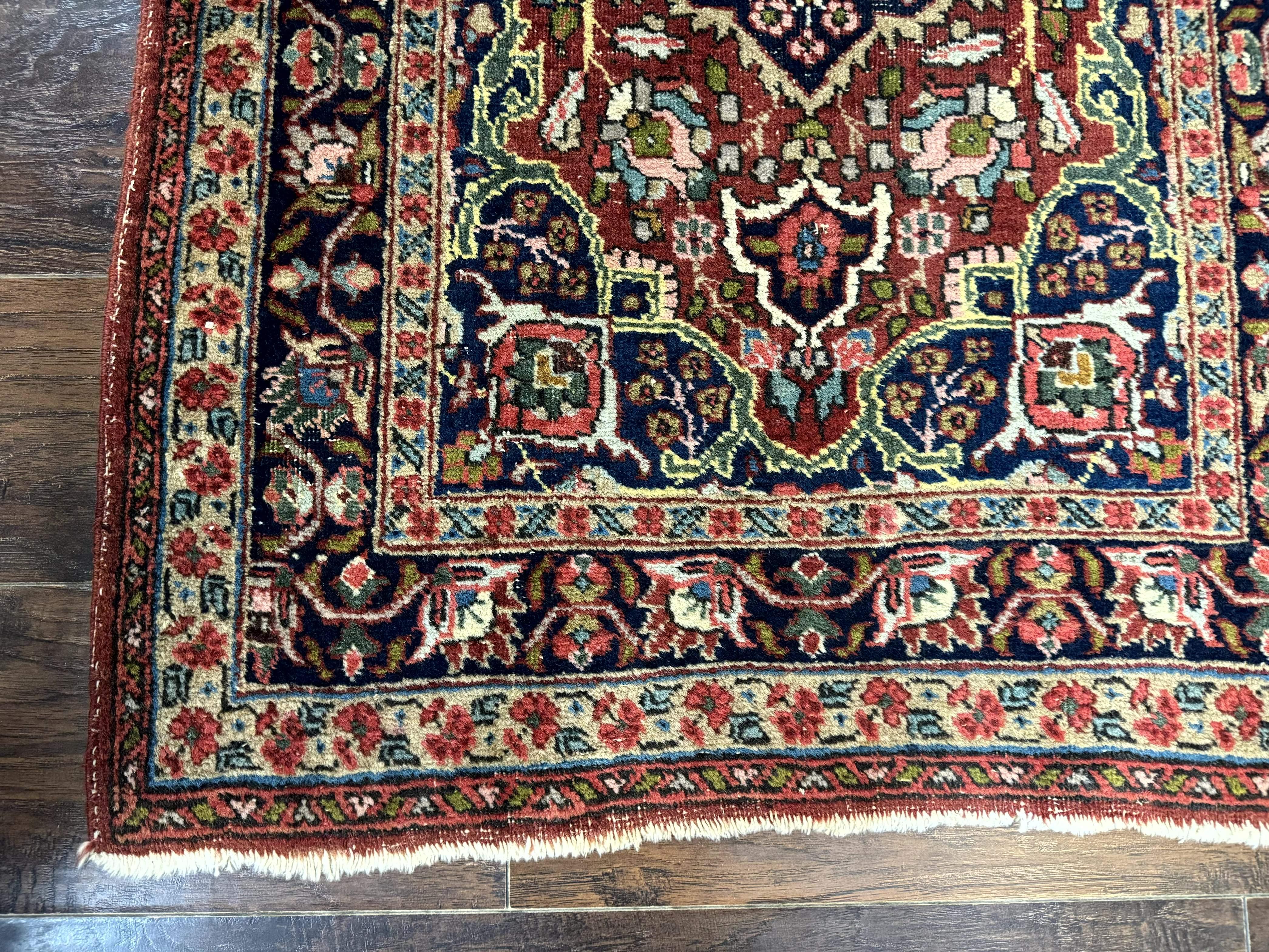 Antique Persian Tabriz Rug 3x5, Brick Red Navy Blue, Floral Medallion, Small Persian Carpet - Image 7