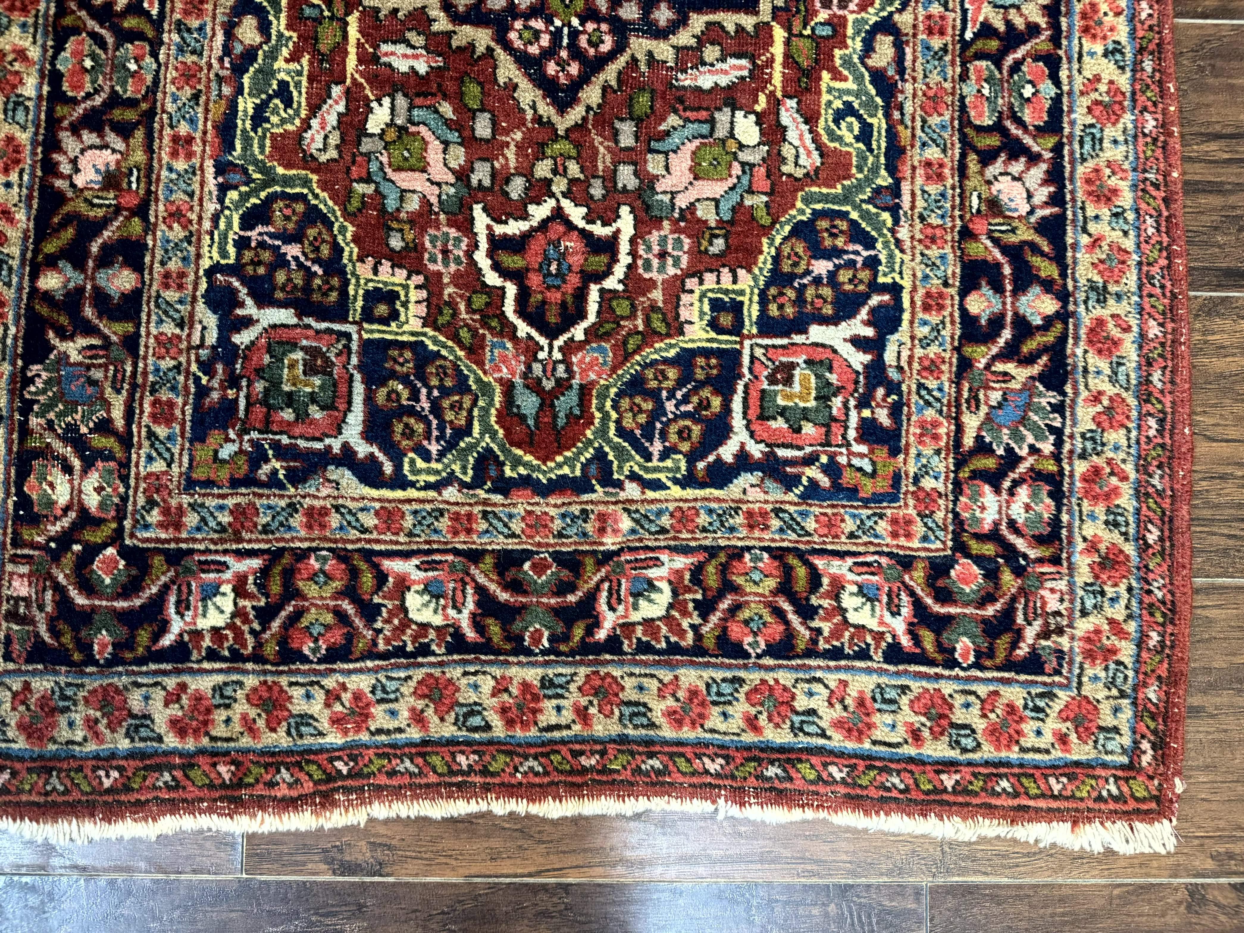 Antique Persian Tabriz Rug 3x5, Brick Red Navy Blue, Floral Medallion, Small Persian Carpet - Image 8