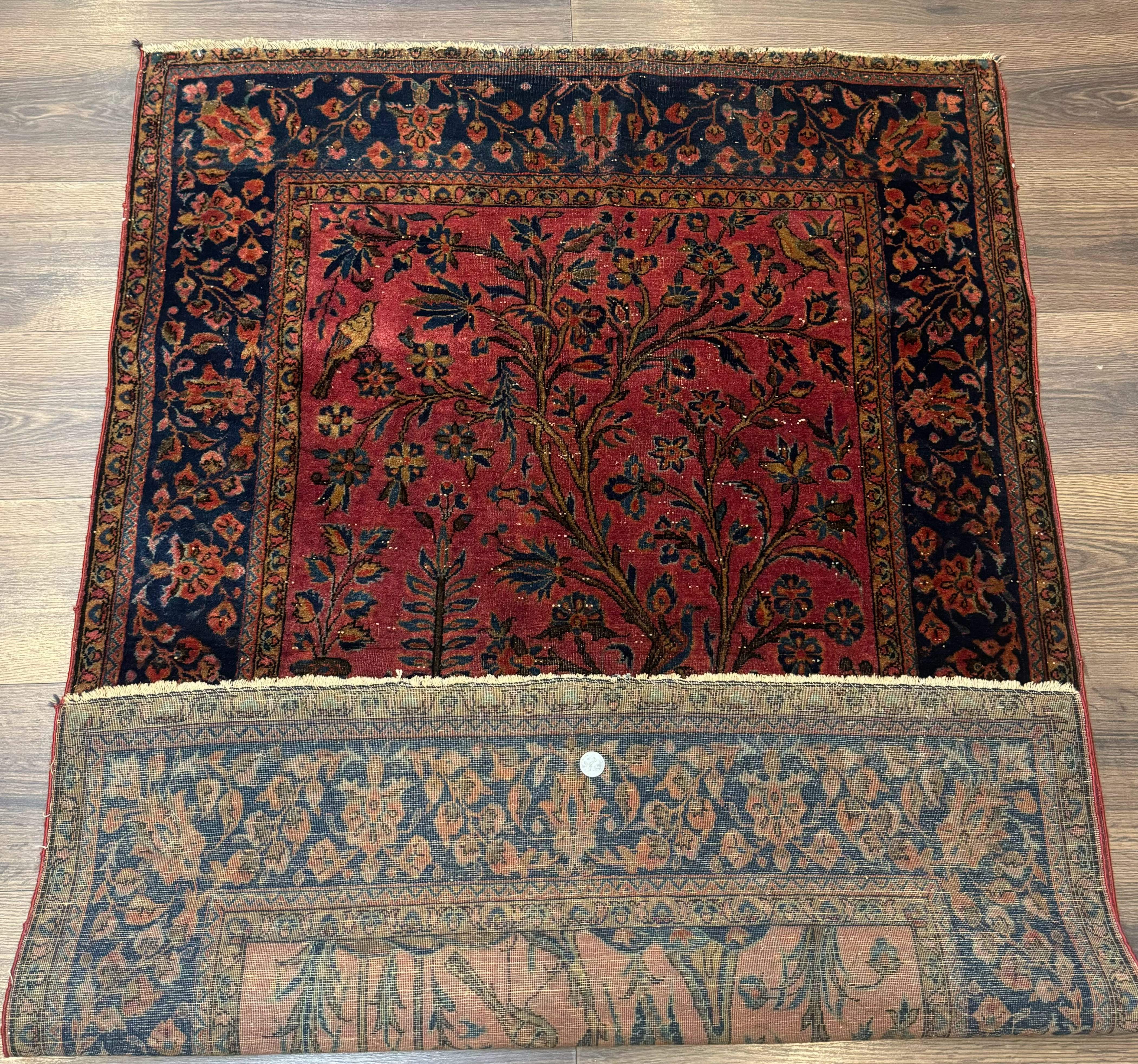 Antique Persian Tree of Life Rug 3x5, Manchester Wool, Bird Pictorials, Fine 240 KPSI, Red Navy Blue - Image 11