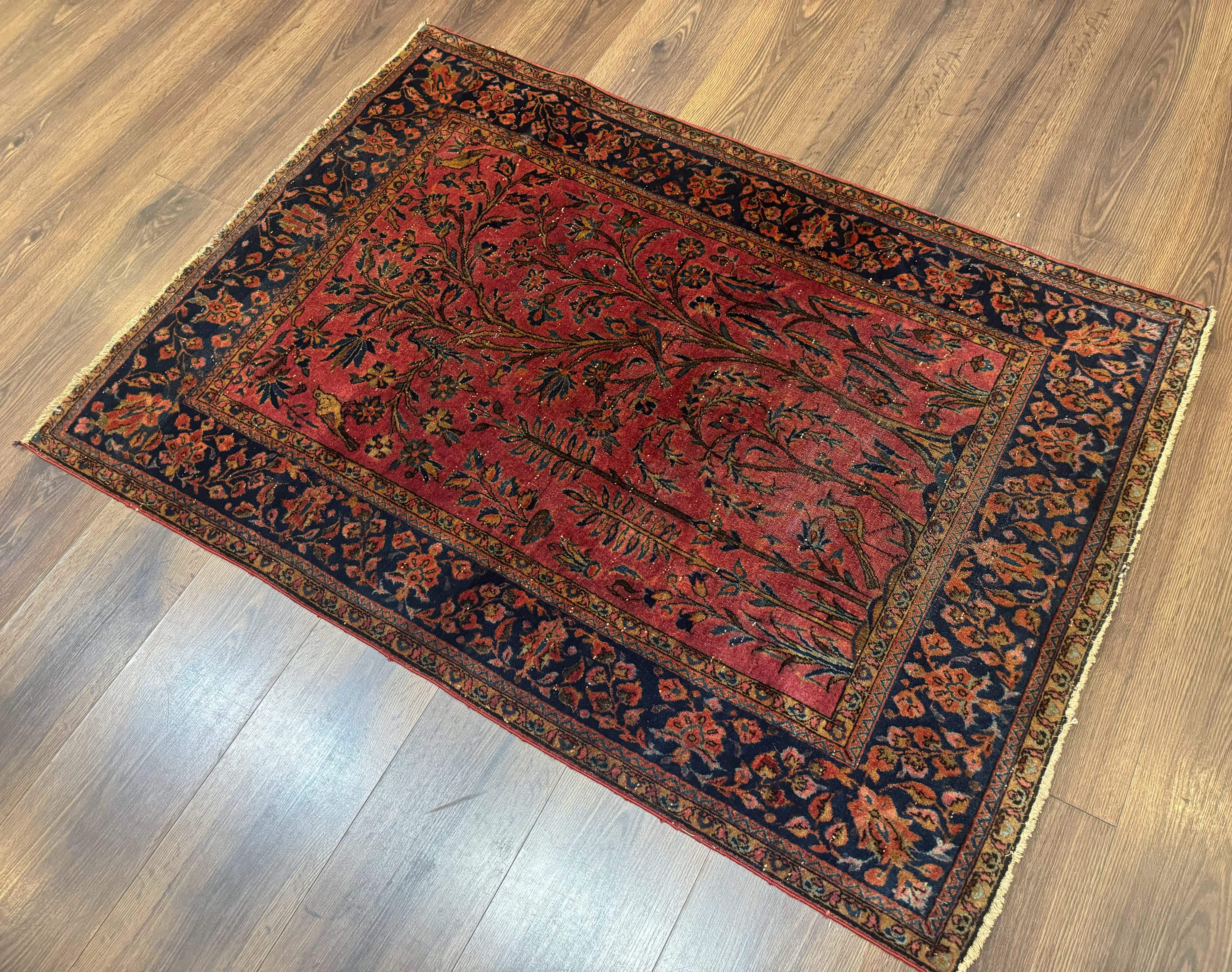 Antique Persian Tree of Life Rug 3x5, Manchester Wool, Bird Pictorials, Fine 240 KPSI, Red Navy Blue - Image 12