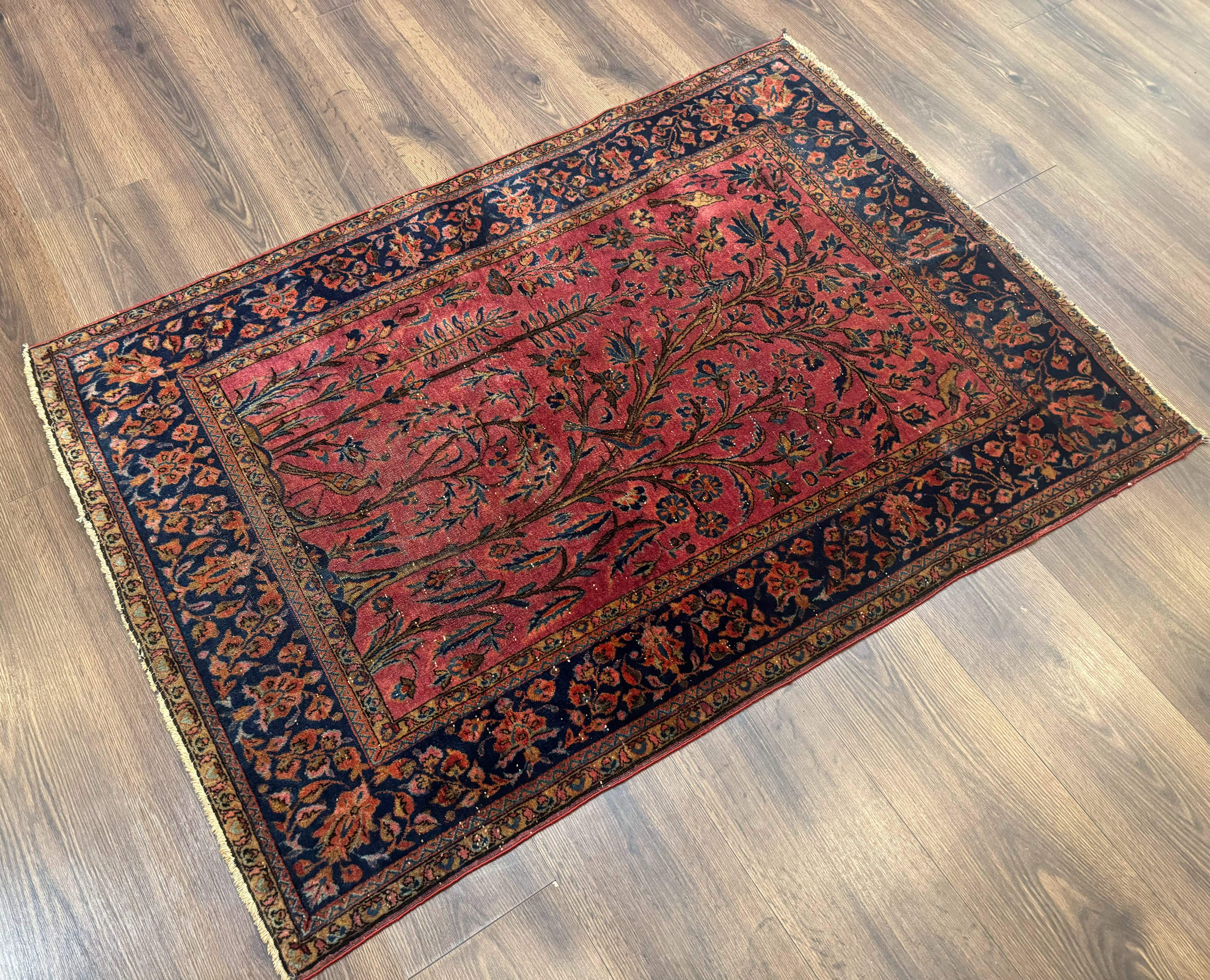 Antique Persian Tree of Life Rug 3x5, Manchester Wool, Bird Pictorials, Fine 240 KPSI, Red Navy Blue - Image 2