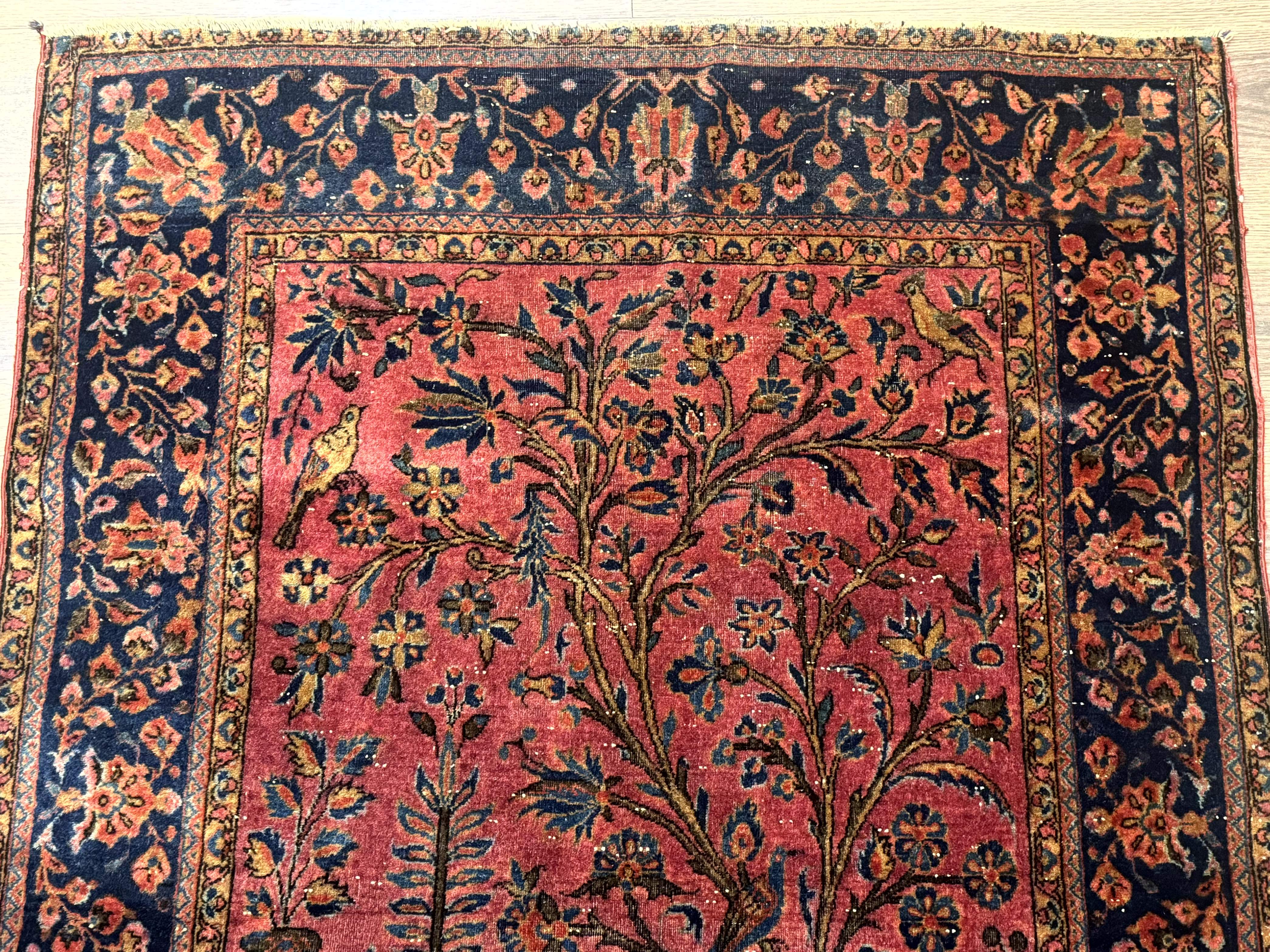 Antique Persian Tree of Life Rug 3x5, Manchester Wool, Bird Pictorials, Fine 240 KPSI, Red Navy Blue - Image 3