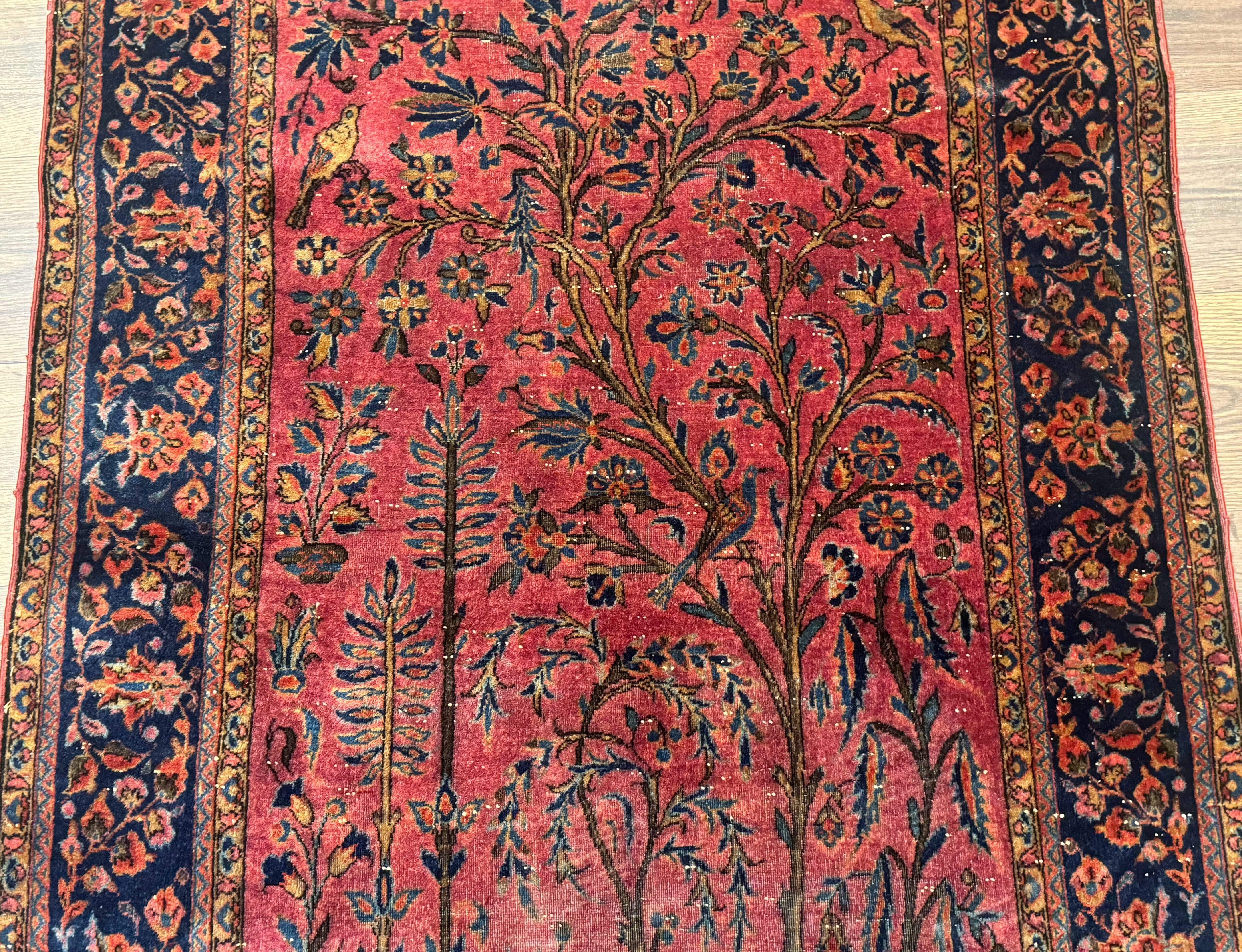 Antique Persian Tree of Life Rug 3x5, Manchester Wool, Bird Pictorials, Fine 240 KPSI, Red Navy Blue - Image 4