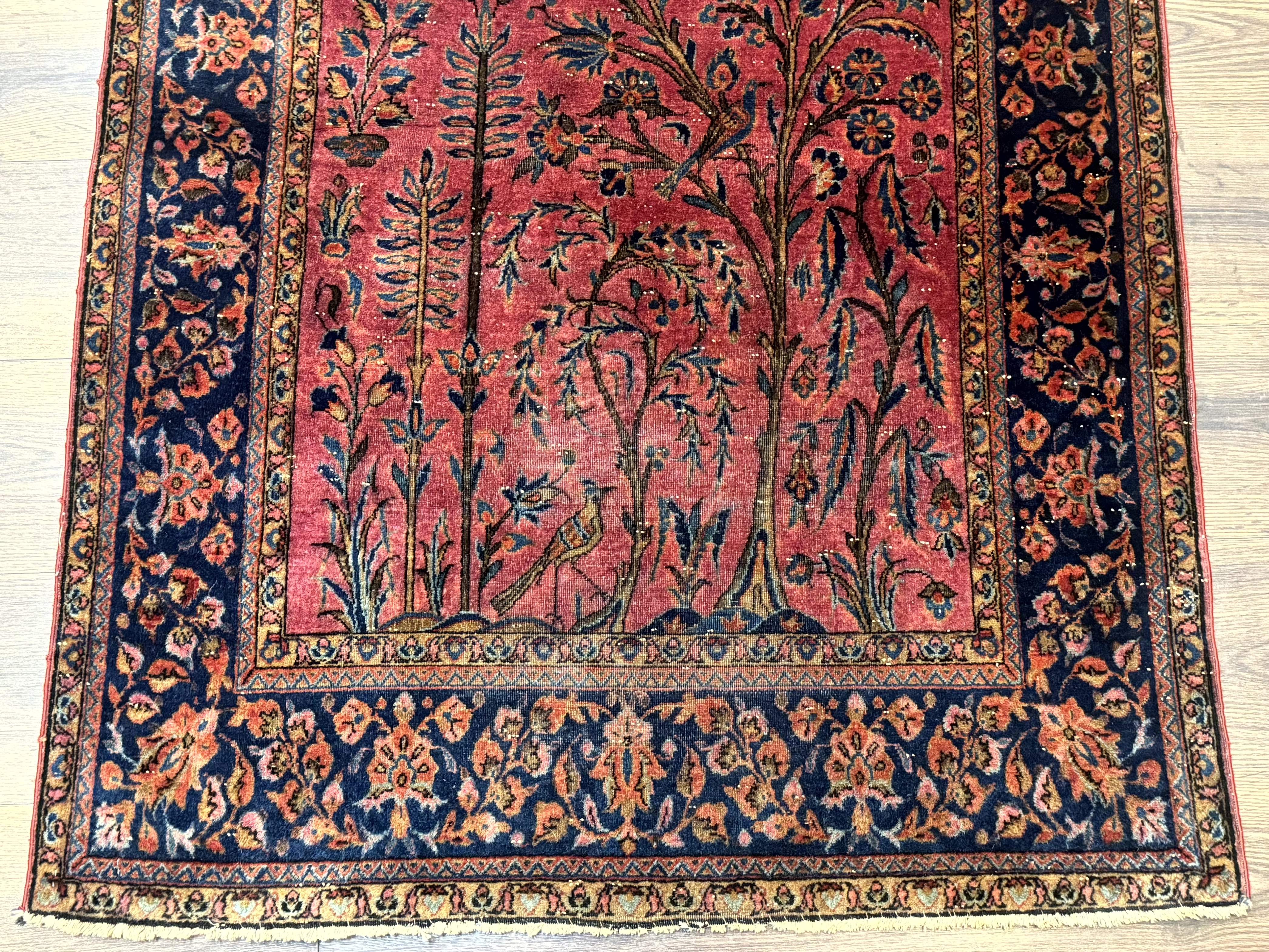 Antique Persian Tree of Life Rug 3x5, Manchester Wool, Bird Pictorials, Fine 240 KPSI, Red Navy Blue - Image 5