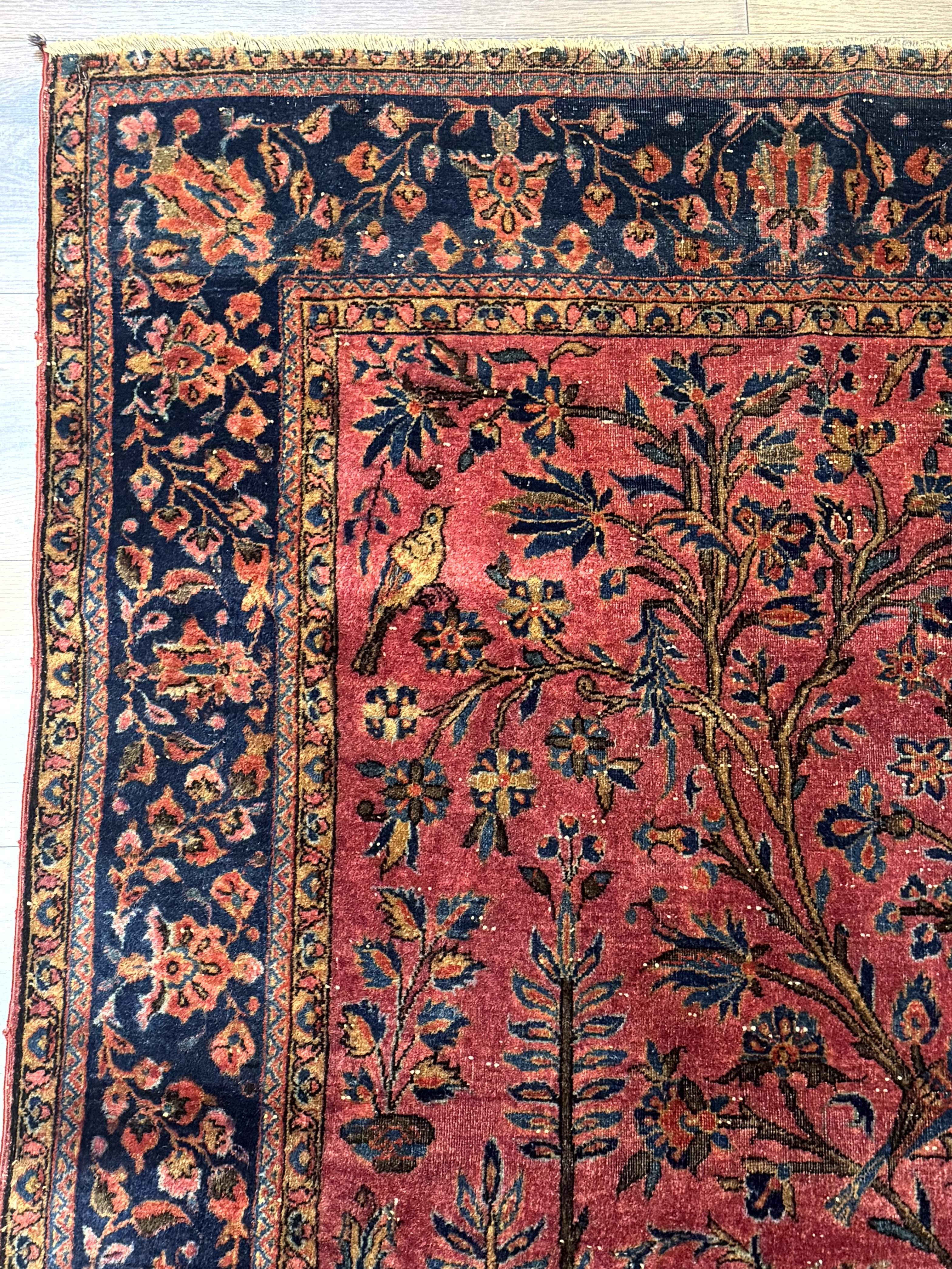 Antique Persian Tree of Life Rug 3x5, Manchester Wool, Bird Pictorials, Fine 240 KPSI, Red Navy Blue - Image 6