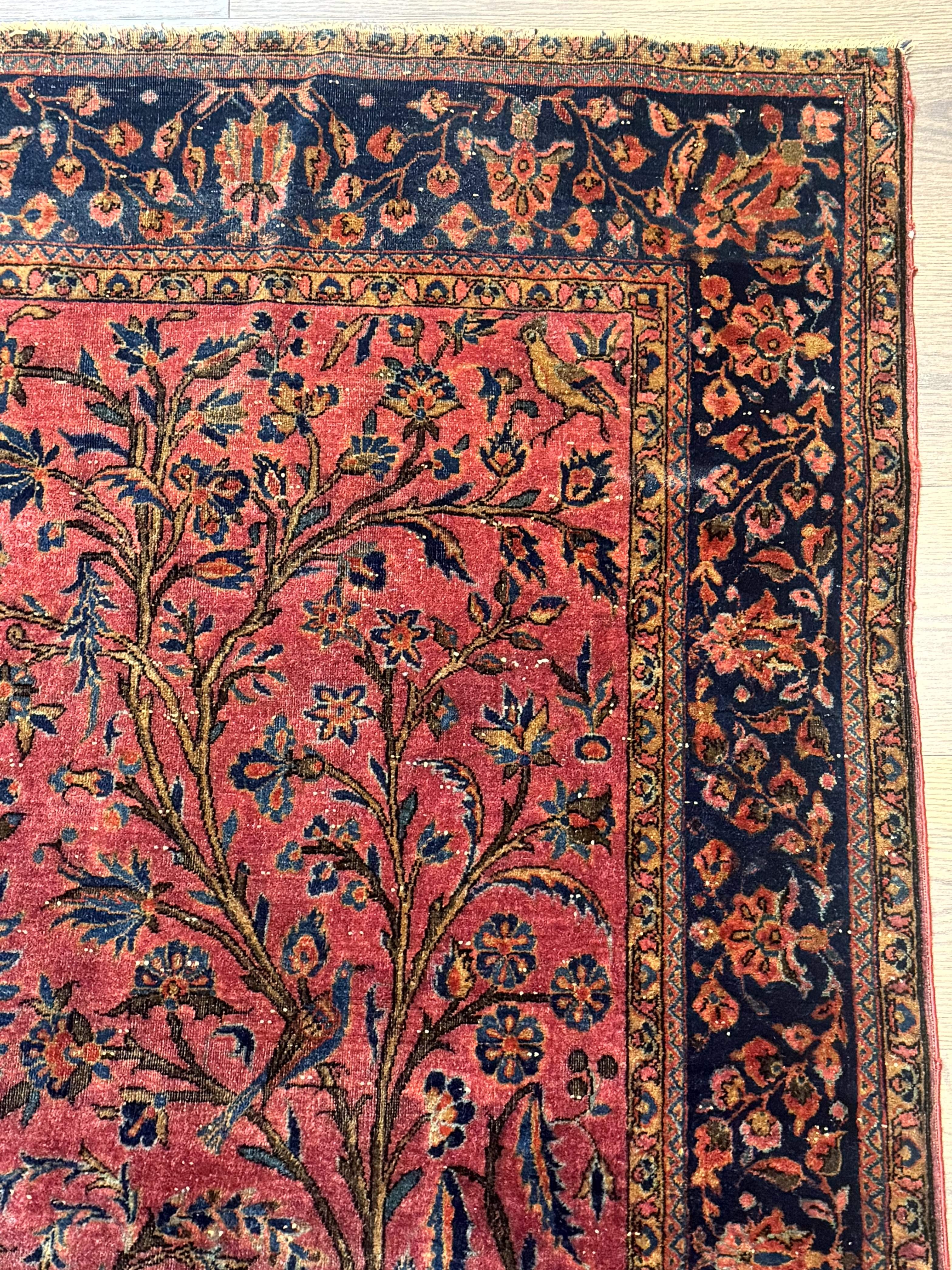 Antique Persian Tree of Life Rug 3x5, Manchester Wool, Bird Pictorials, Fine 240 KPSI, Red Navy Blue - Image 7