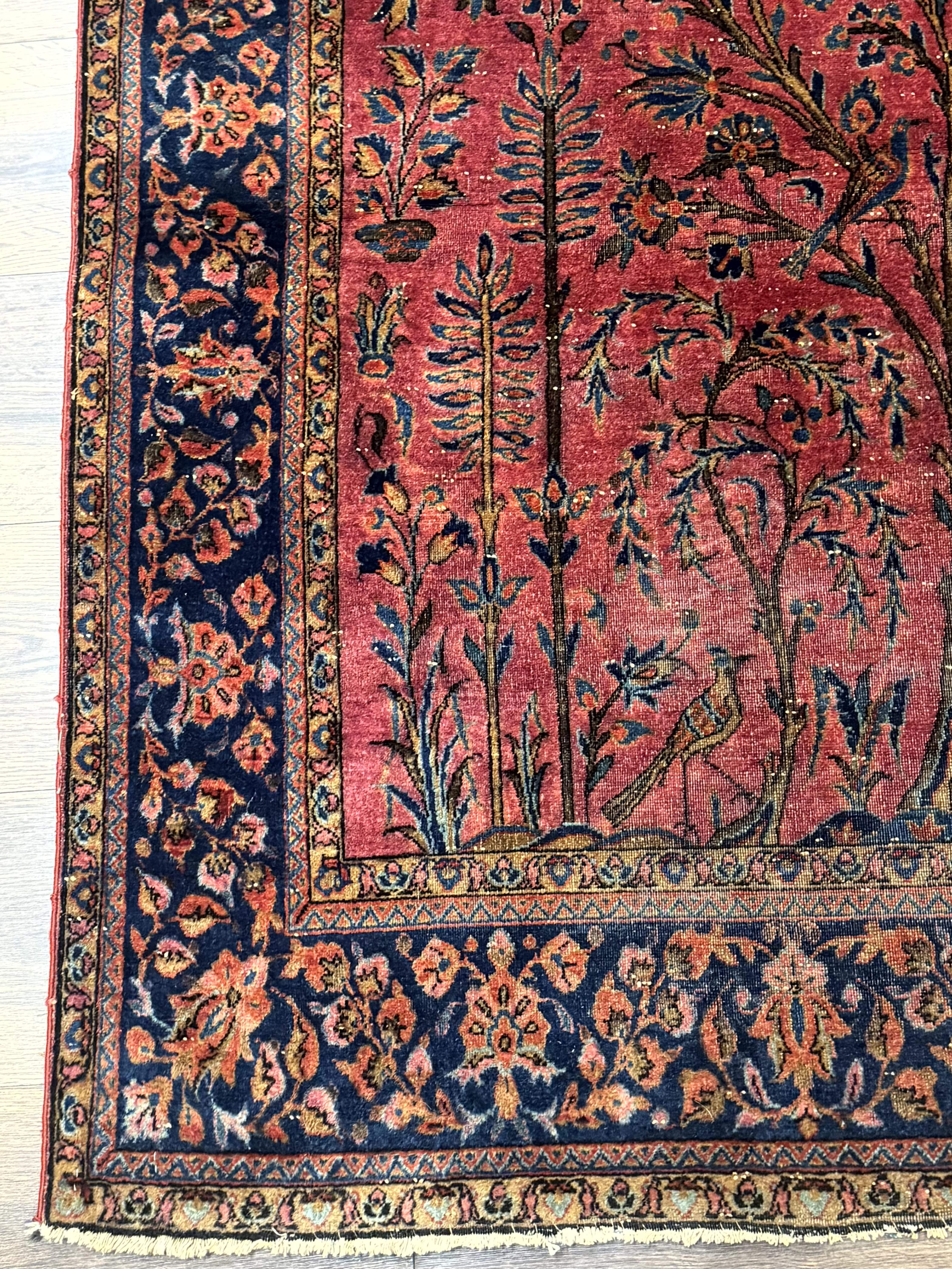 Antique Persian Tree of Life Rug 3x5, Manchester Wool, Bird Pictorials, Fine 240 KPSI, Red Navy Blue - Image 8