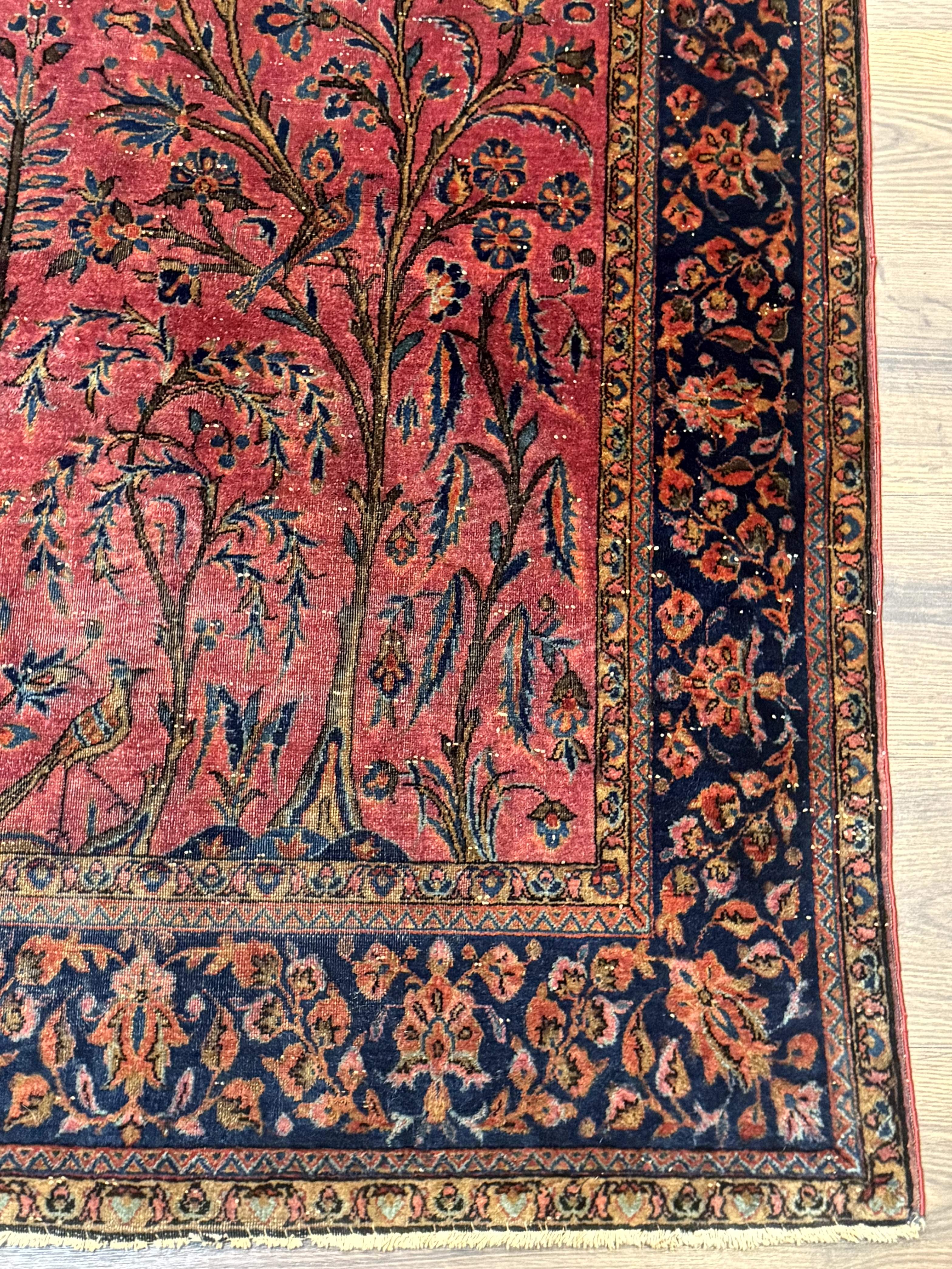 Antique Persian Tree of Life Rug 3x5, Manchester Wool, Bird Pictorials, Fine 240 KPSI, Red Navy Blue - Image 9